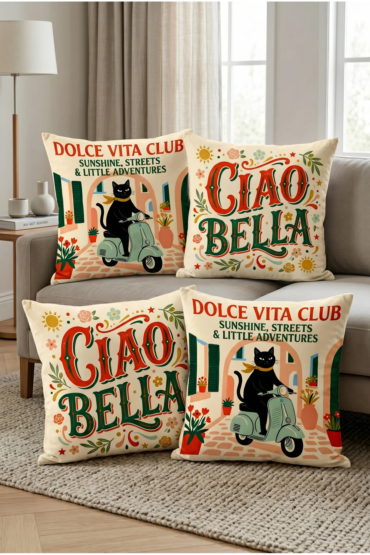 Ciao Bella Yazılı Vespa ve Siyah Kedi Desenli 4lü Dekoratif Kırlent Kılıfı Seti, İtalyan Retro Tarz Ev Dekoru Fiyatı, Yorumları ve Özellikleri