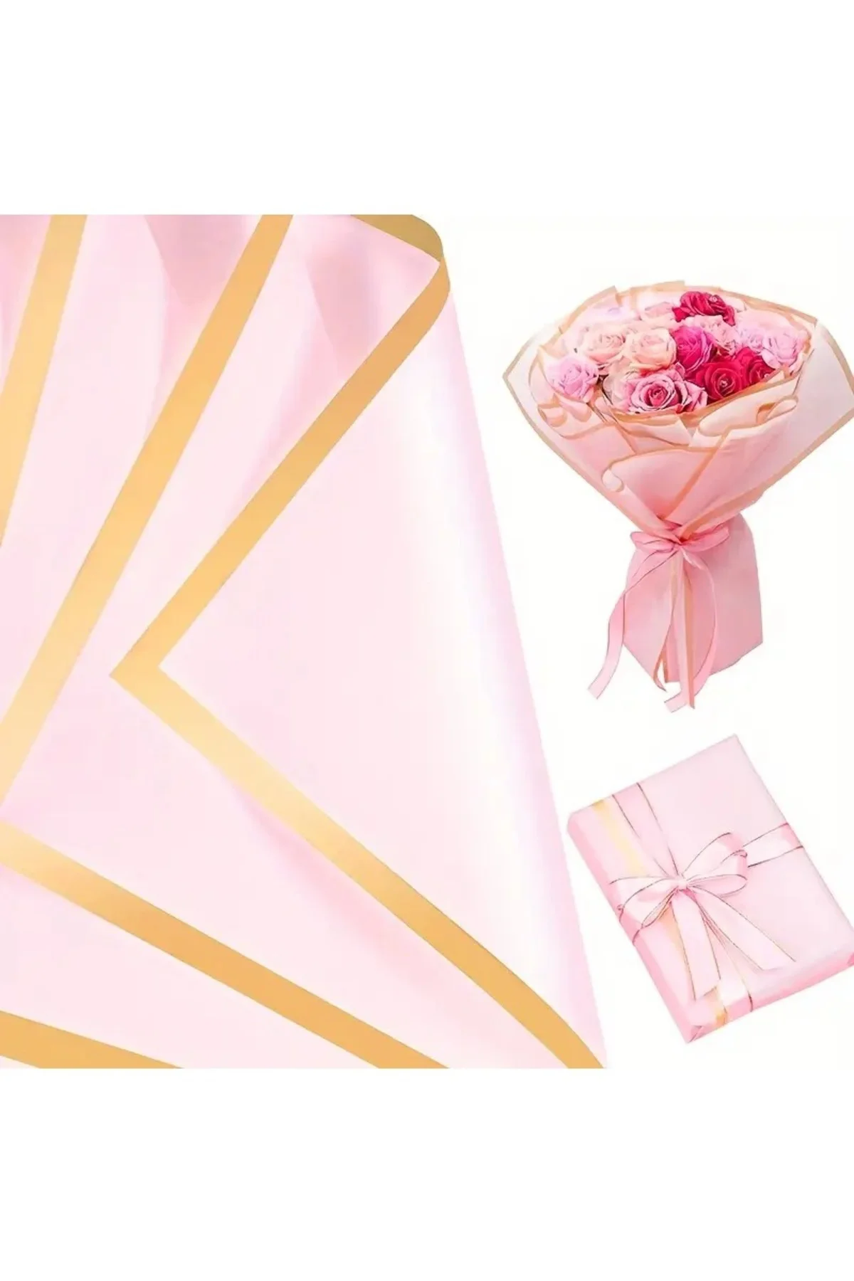 Çiçek Buket Ambalaj Jelatin Kağıdı (PEMBE zemin ve GOLD kenarlı) 