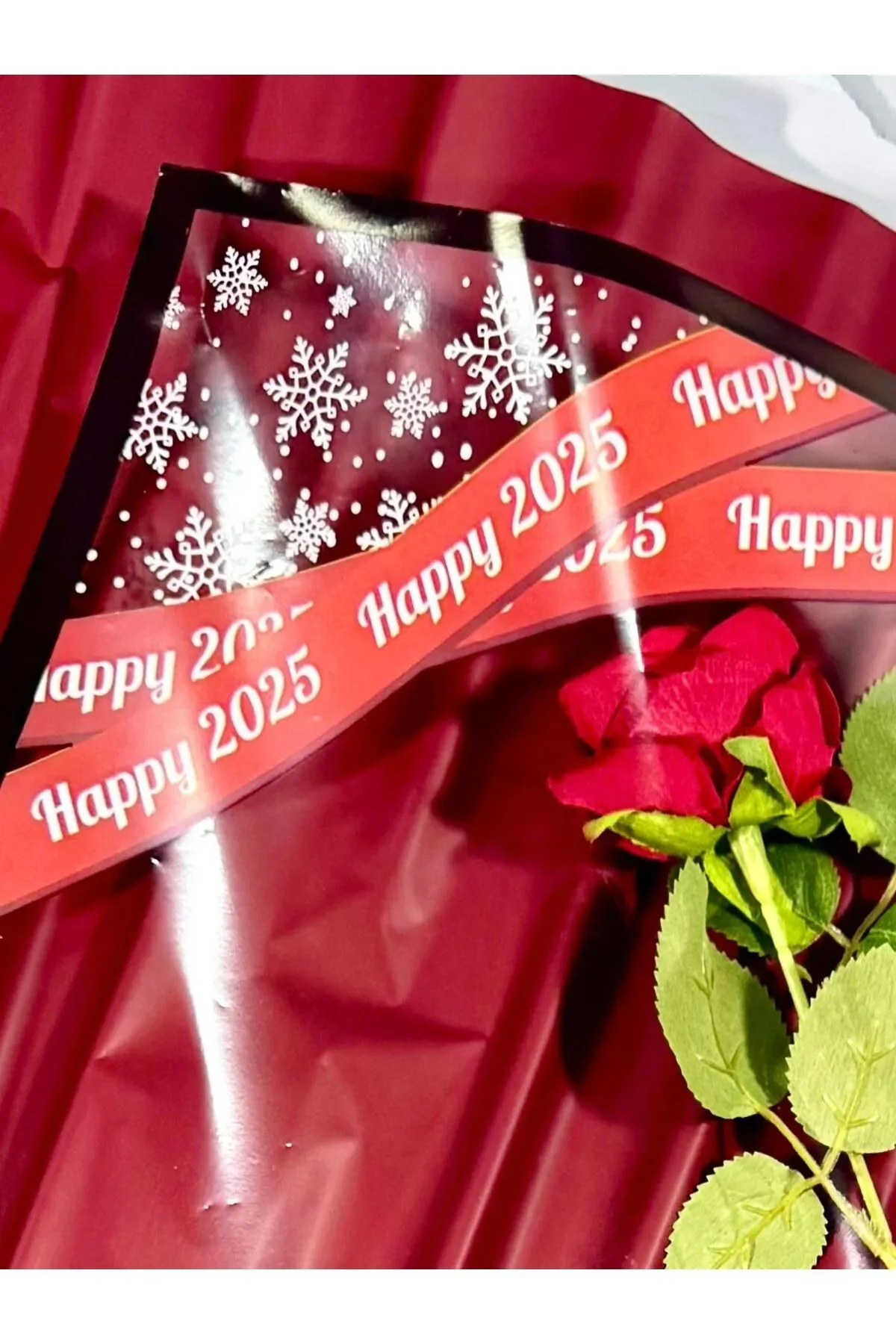 Çiçek Buket Ambalaj Kağıdı - Happy 2025 Kar Taneleri (Yılbaşı Hap