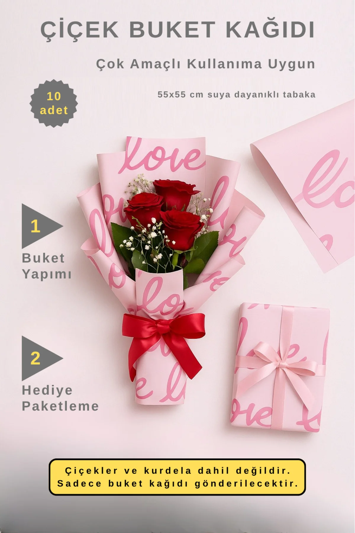 Çiçek Buket Ambalaj Jelatin Kağıdı (LOVE pembe) Opp 55x55cm 10 ad
