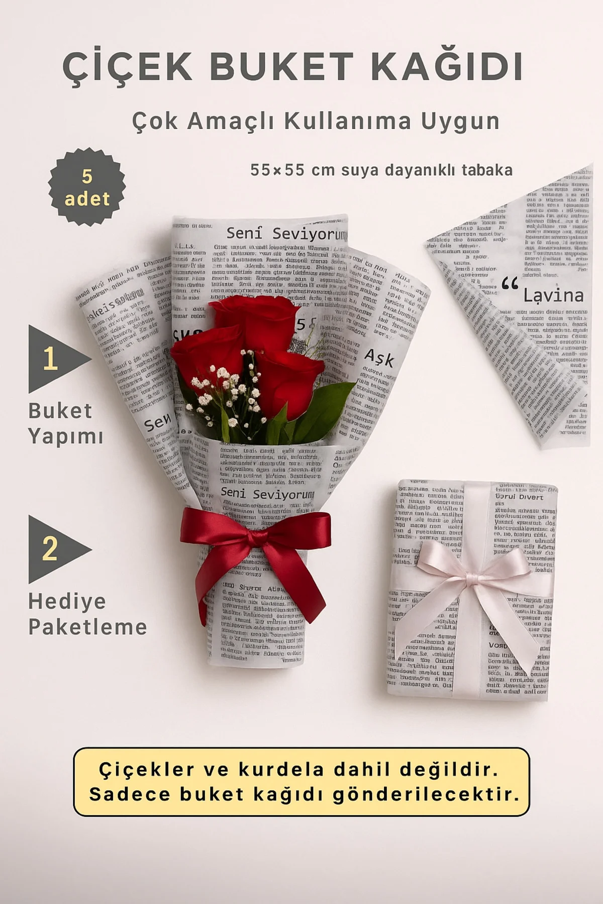 Çiçek Buket Ambalaj Jelatin Kağıdı (Aşk Şiirleri Baskılı) siyah y