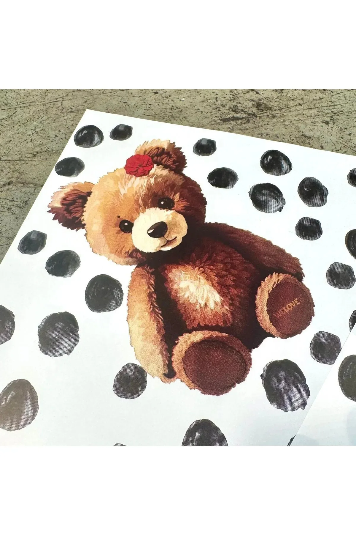 Çiçek Buket Ambalaj Kağıdı Jelatini (Ayıcık Desenli Siyah Puantiy