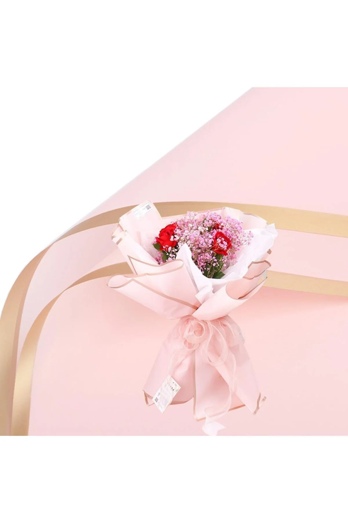 Çiçek Buket Ambalaj Jelatin Kağıdı (PEMBE zemin ve GOLD kenarlı) 
