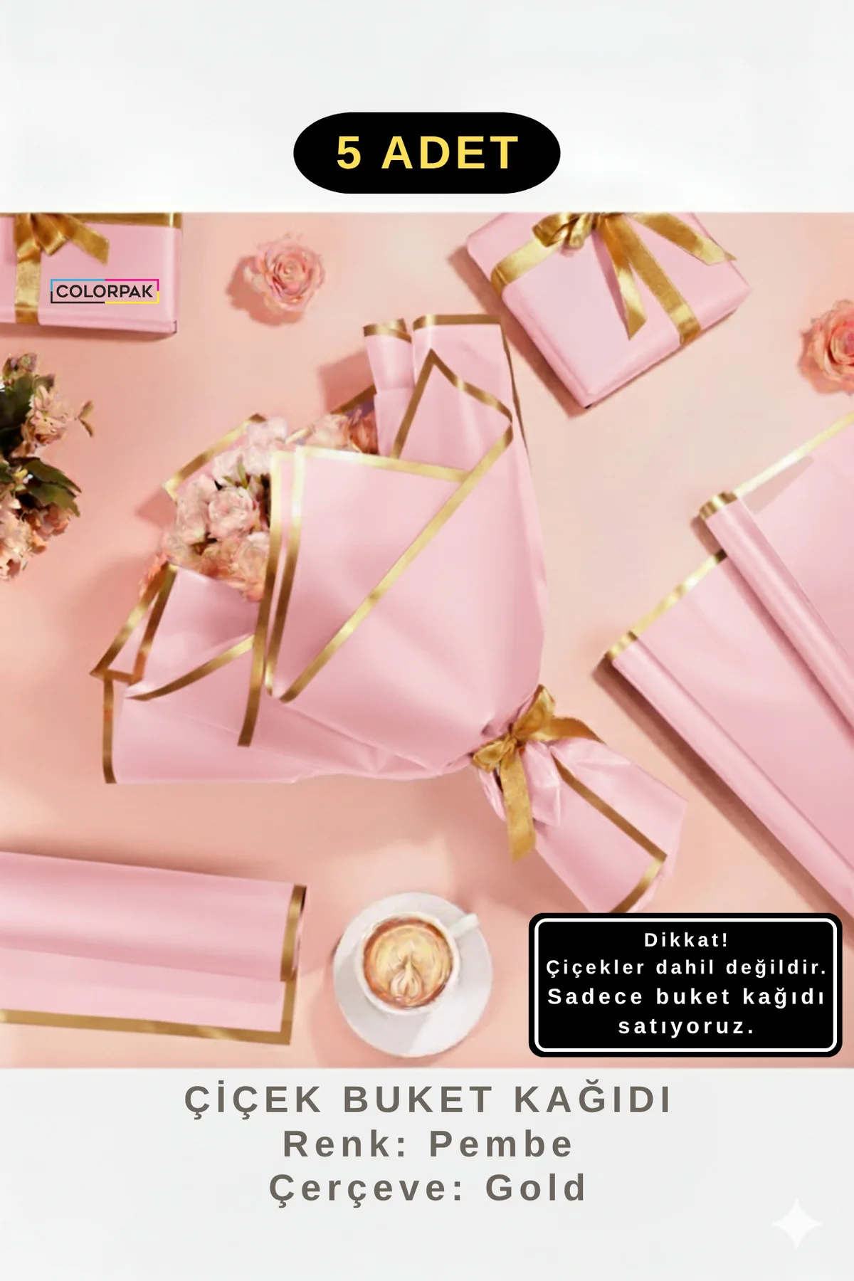 Çiçek Buket Ambalaj Jelatin Kağıdı (PEMBE zemin ve GOLD kenarlı) Mat Opp 55x55cm 5 adet Çiçek Buket Ambalaj Jelatin Kağıdı (PEMBE zemin ve GOLD kenarlı) Mat Opp 55x55cm 5 adet
