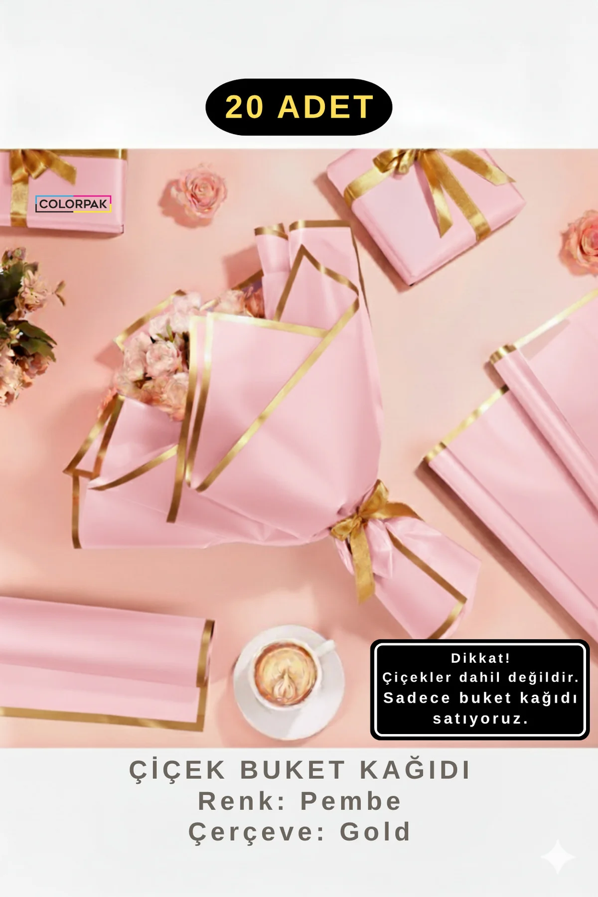 Çiçek Buket Ambalaj Jelatin Kağıdı (PEMBE zemin ve GOLD kenarlı) 