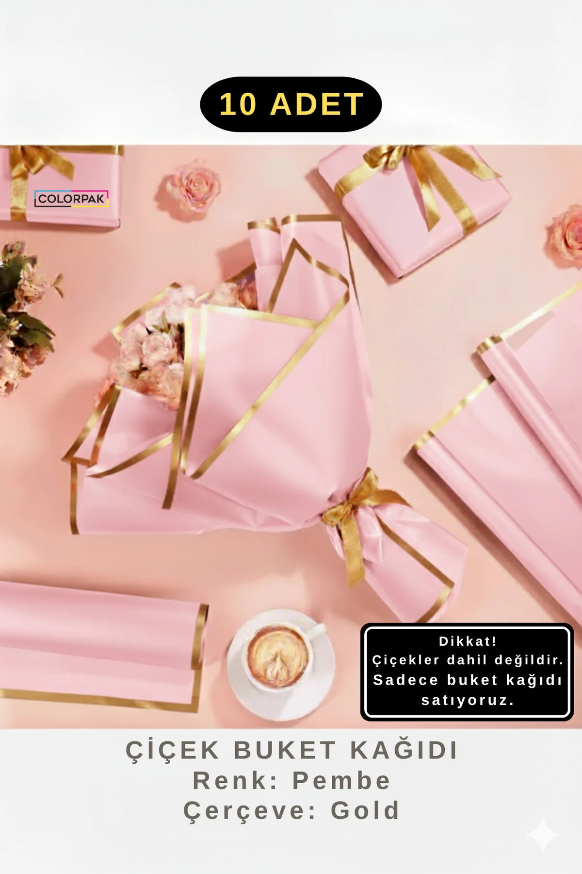 Çiçek Buket Ambalaj Jelatin Kağıdı (PEMBE zemin ve GOLD kenarlı) 