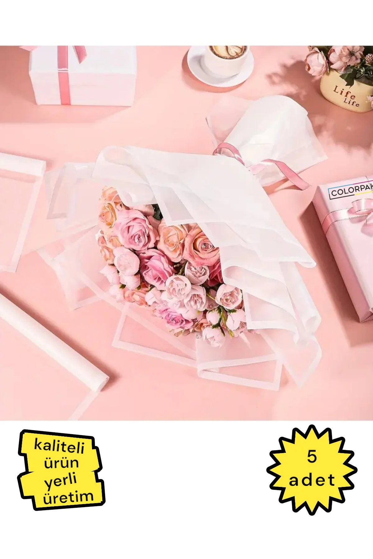 Çiçek Buket Ambalaj Jelatin Kağıdı (PEMBE zemin ve GOLD kenarlı) Mat Opp 55x55cm 5 adet
