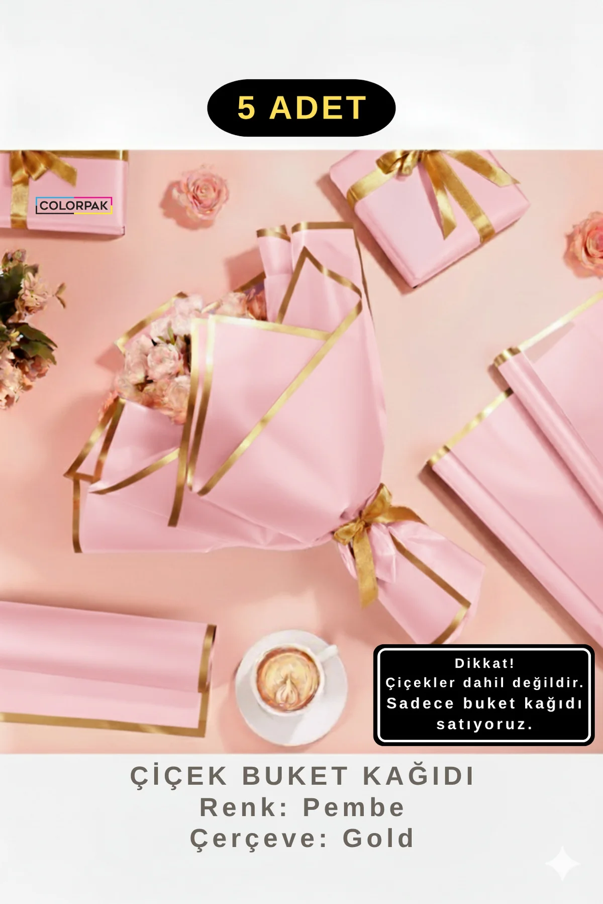 Çiçek Buket Ambalaj Jelatin Kağıdı (PEMBE zemin ve GOLD kenarlı) Mat Opp 55x55cm 5 adet
