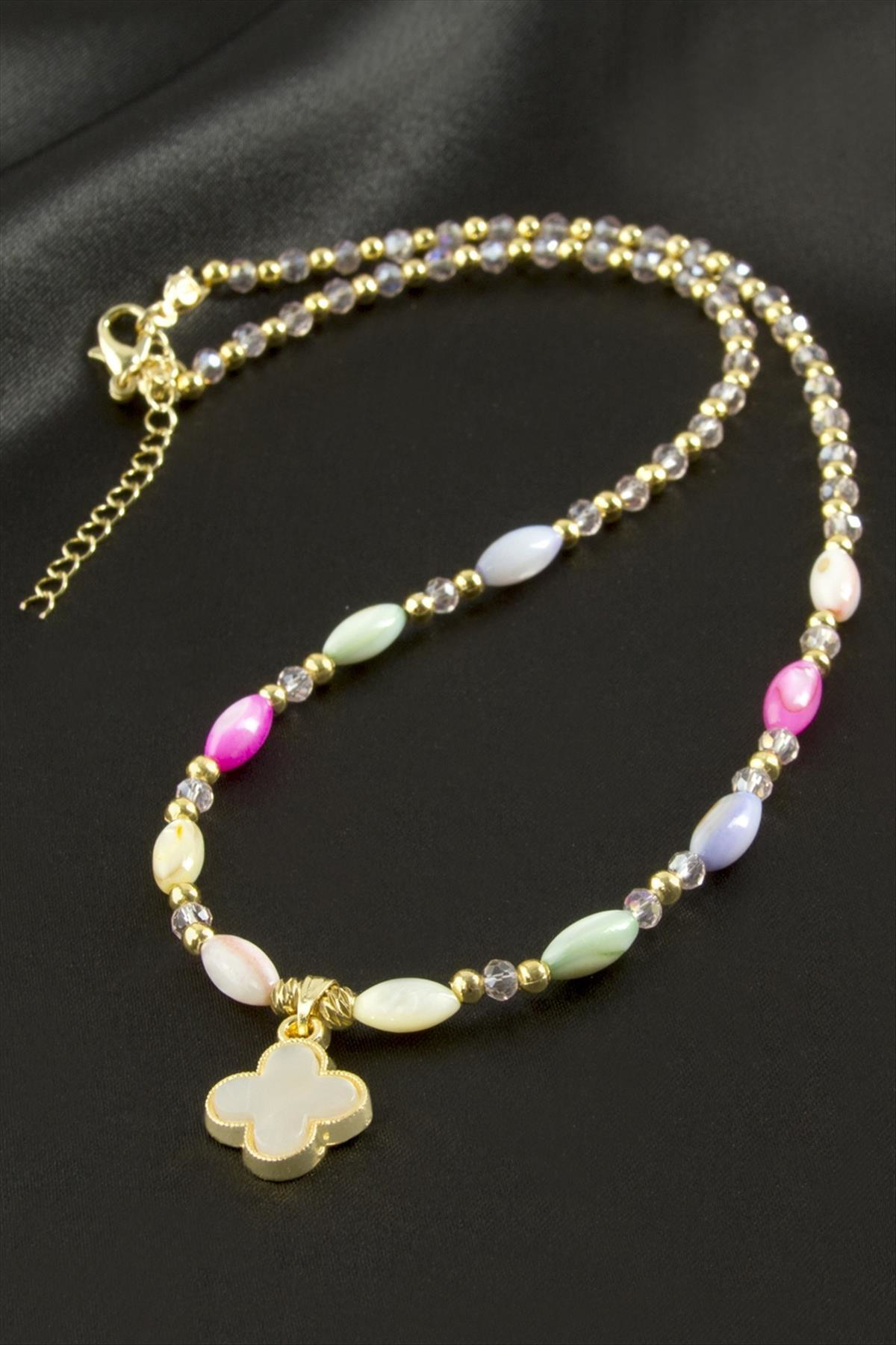 Çiçek Cam Boncuk Kristal Kolye