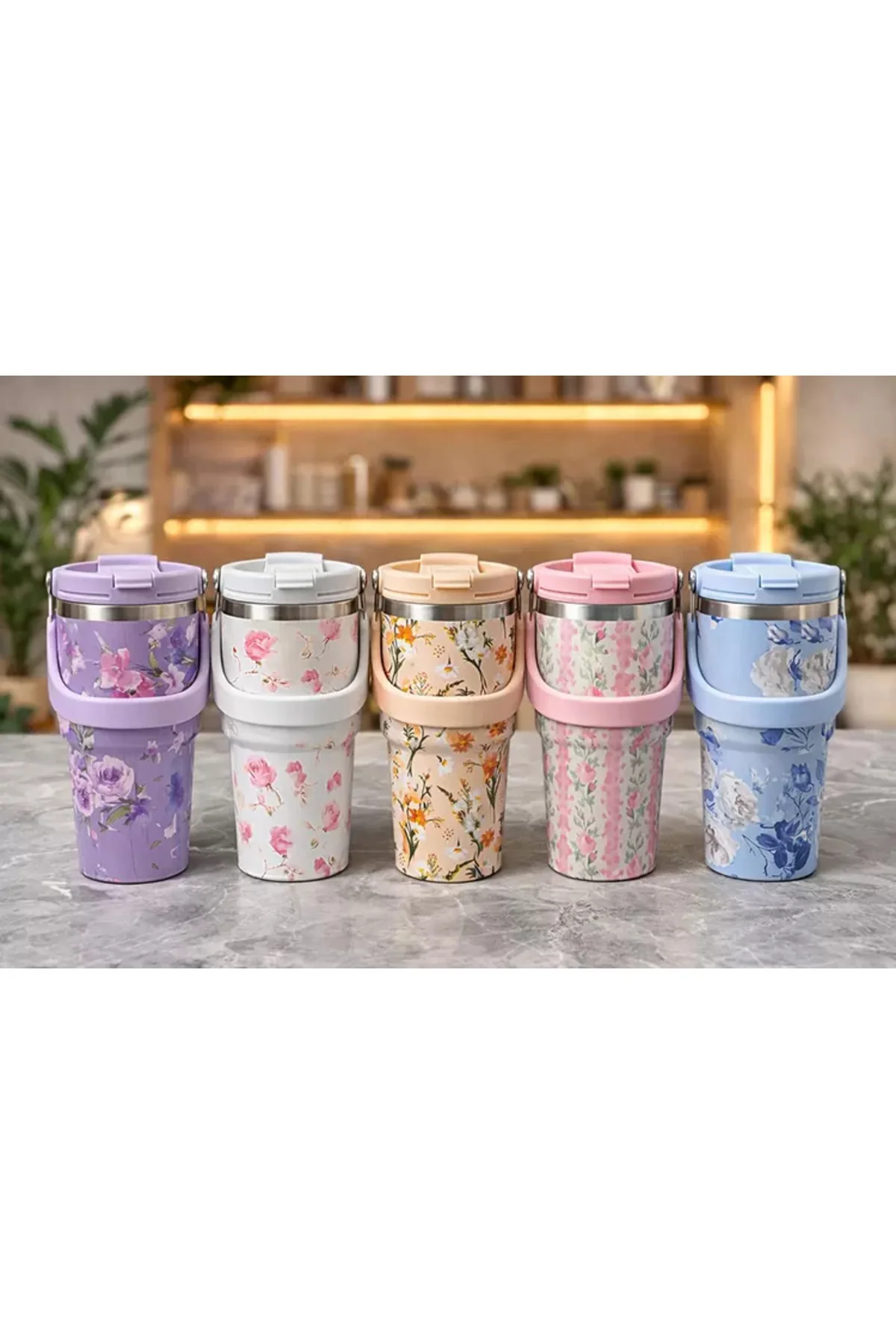 Çiçek Desenli 700 ml Taşıma Kulplu Paslanmaz Çelik Termos Mug Bar