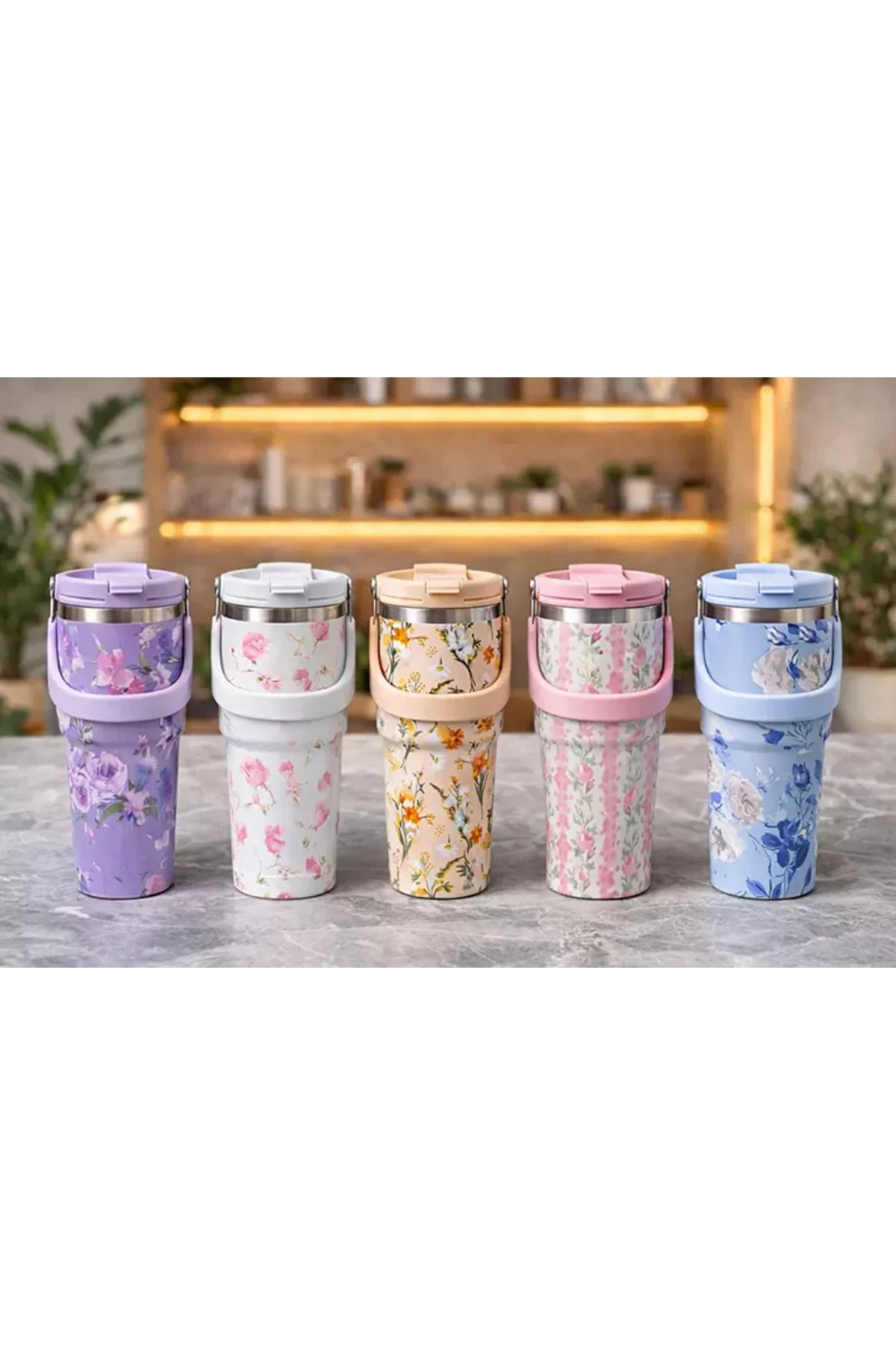 Çiçek Desenli 900 ml Taşıma Kulplu Paslanmaz Çelik Termos Mug Bar
