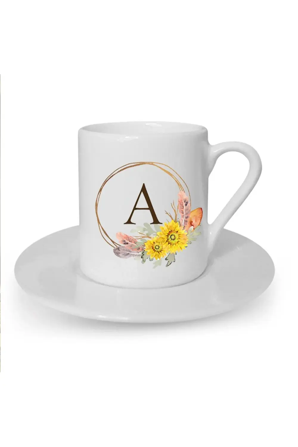 Çiçek Desenli A Harfi Baskılı Beyaz Türk Kahvesi Fincanı