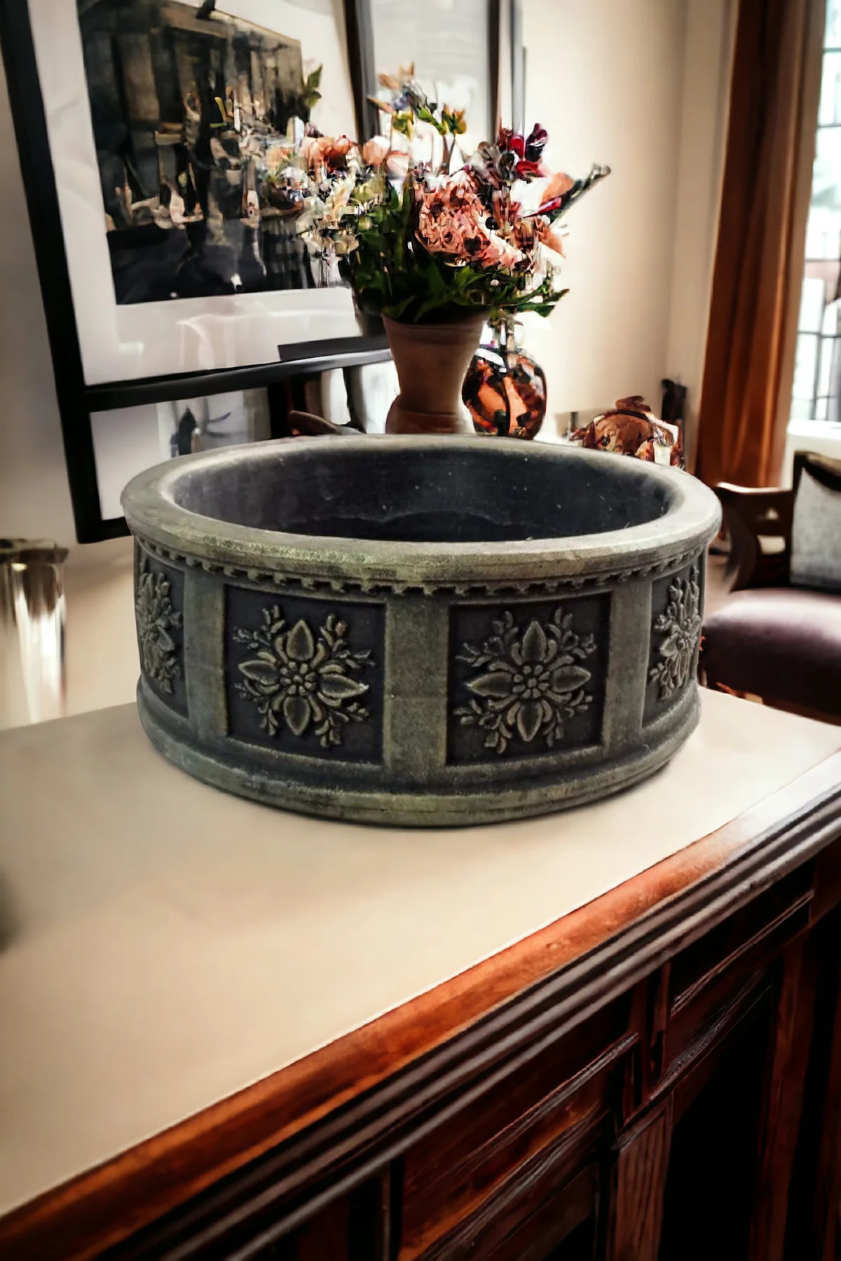 Çiçek Desenli Beton Bonsai ve aranjman Saksısı -+30 cksalcisa