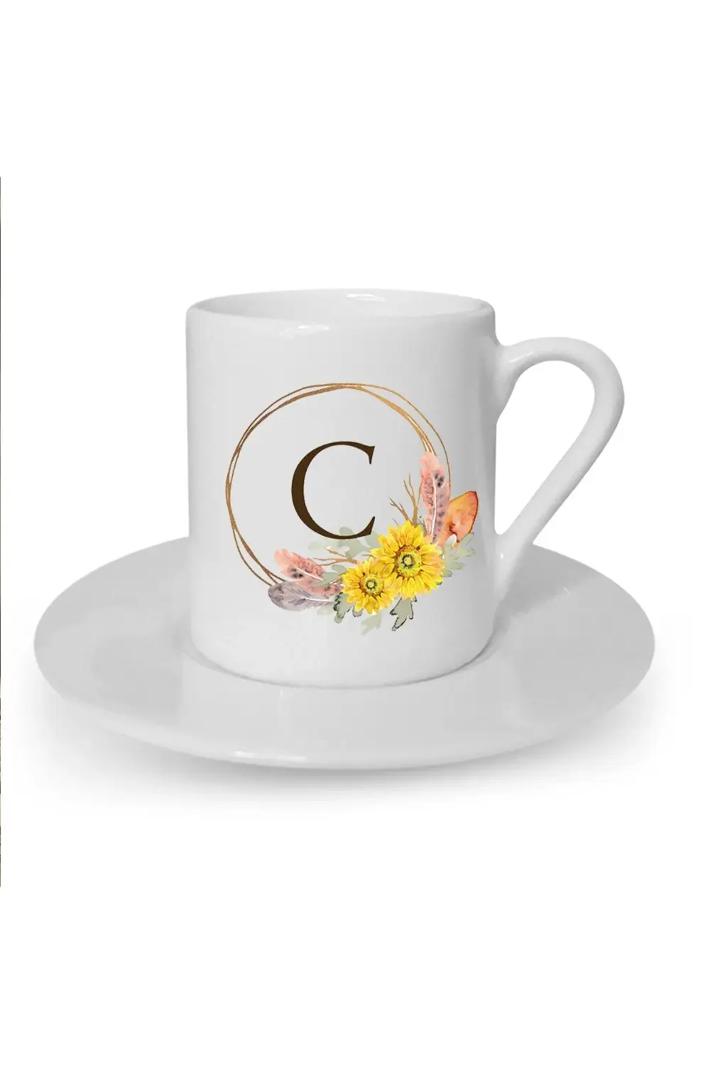 Çiçek Desenli C Harfi Baskılı Beyaz Türk Kahvesi Fincanı