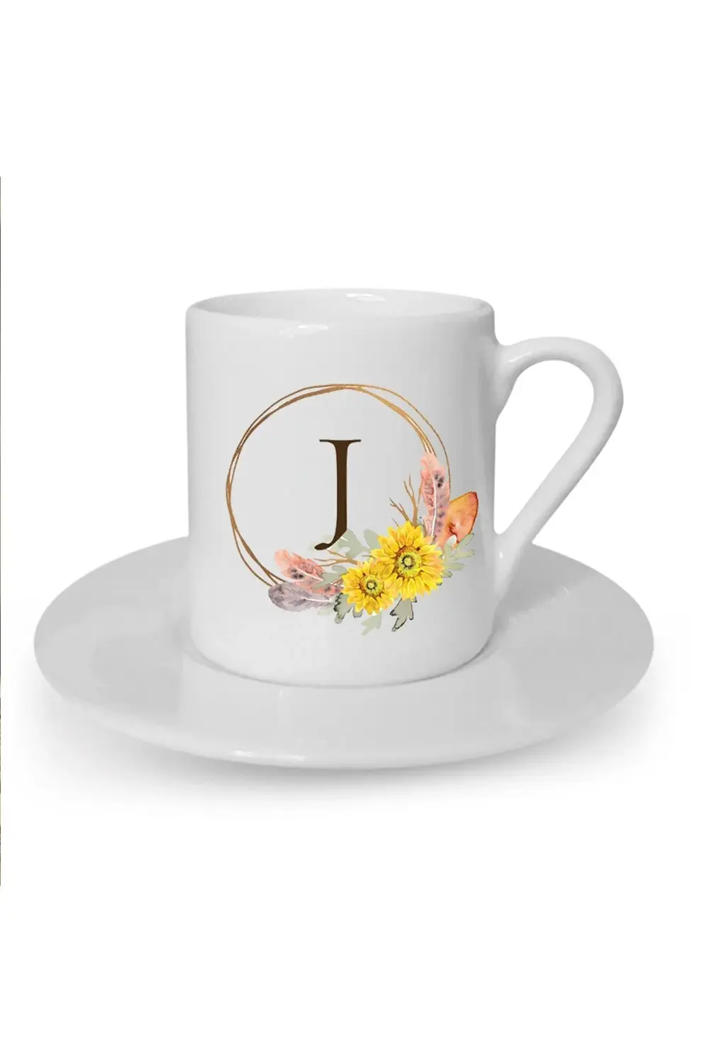Çiçek Desenli J Harfi Baskılı Beyaz Kahve Fincanı