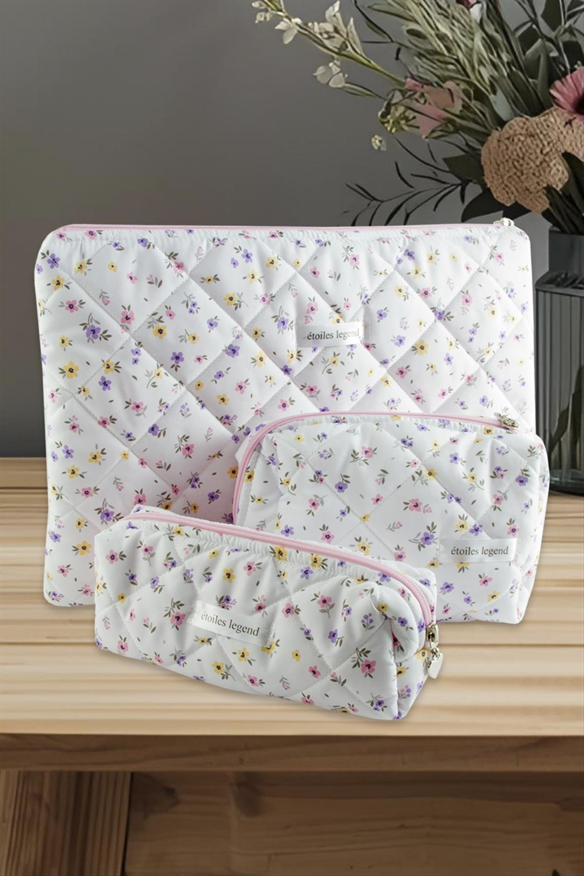 Çiçek Desenli Kalem Makyaj Labtop Bilgisayar Set Çantası