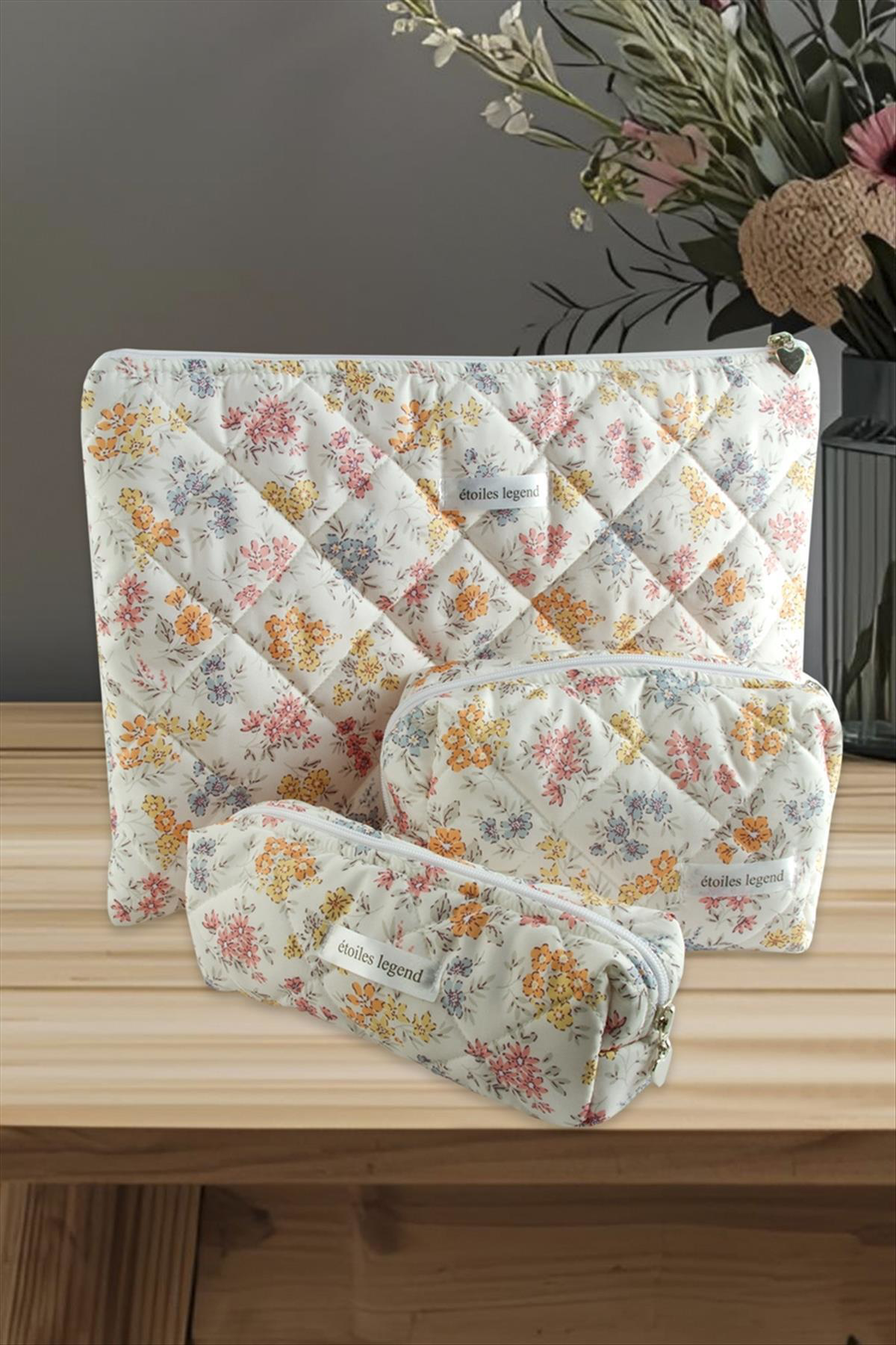 Çiçek Desenli Kalem Makyaj Labtop Bilgisayar Set Çantası