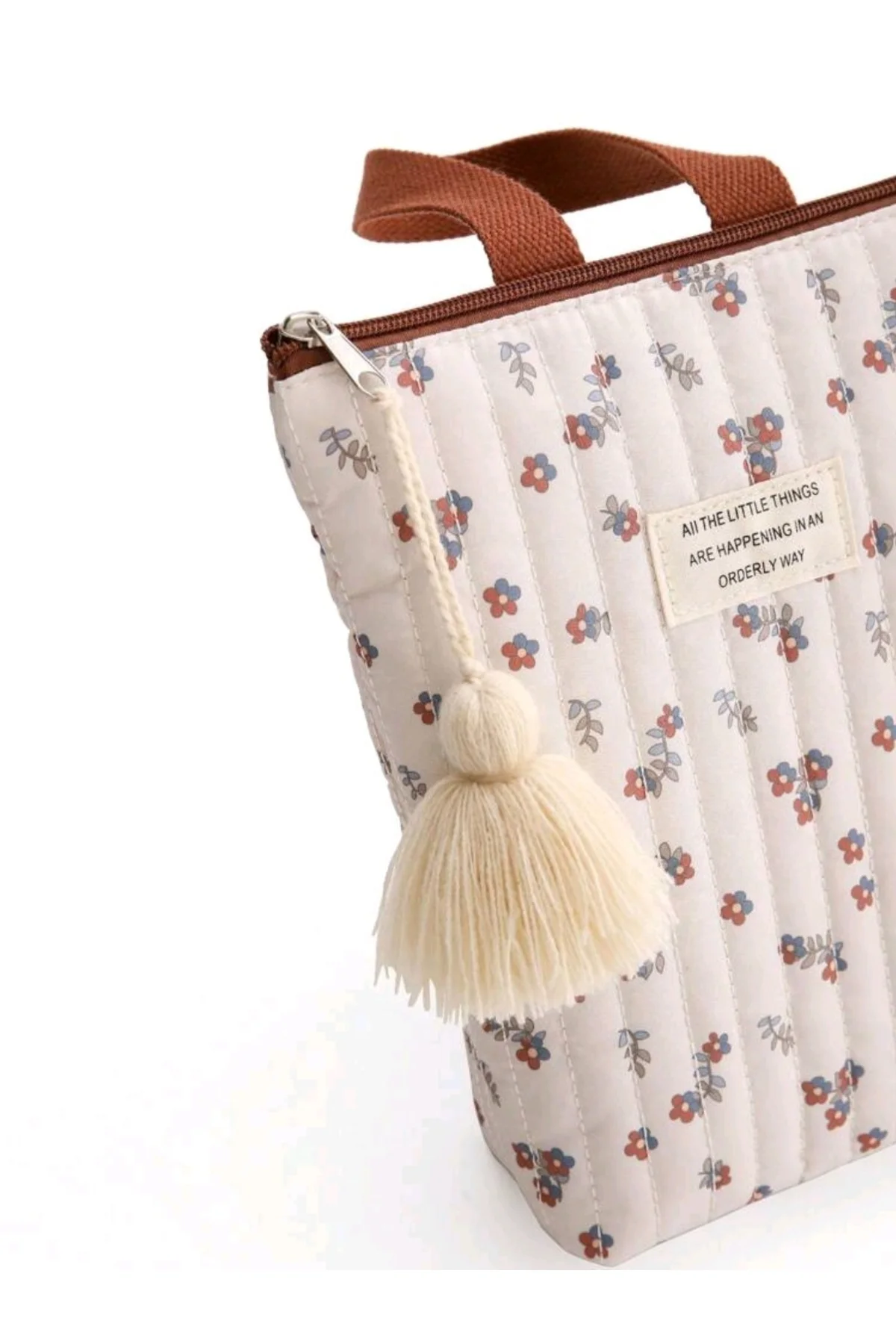 Çiçek Desenli Orginizer Püskül Detaylı Kumaş Tote Çanta