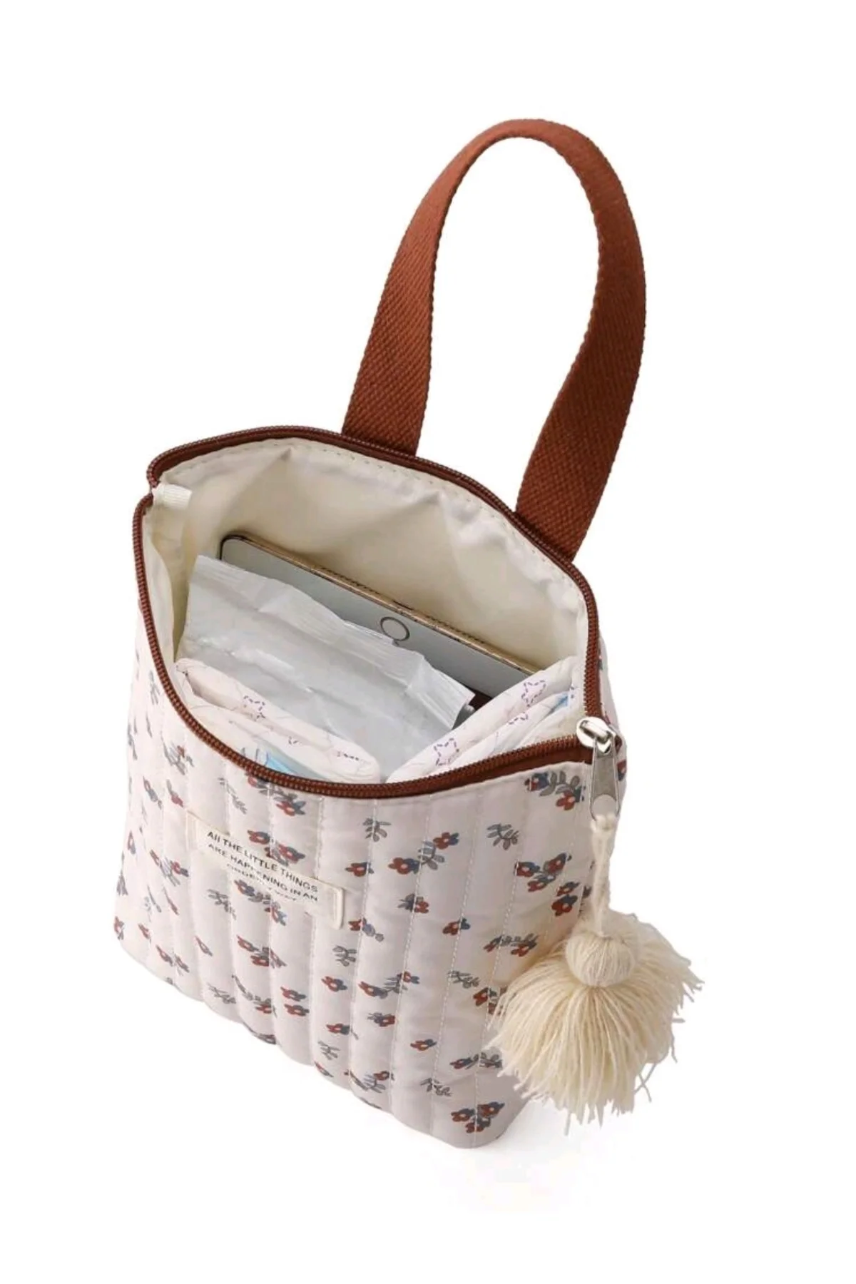 Çiçek Desenli Orginizer Püskül Detaylı Kumaş Tote Çanta