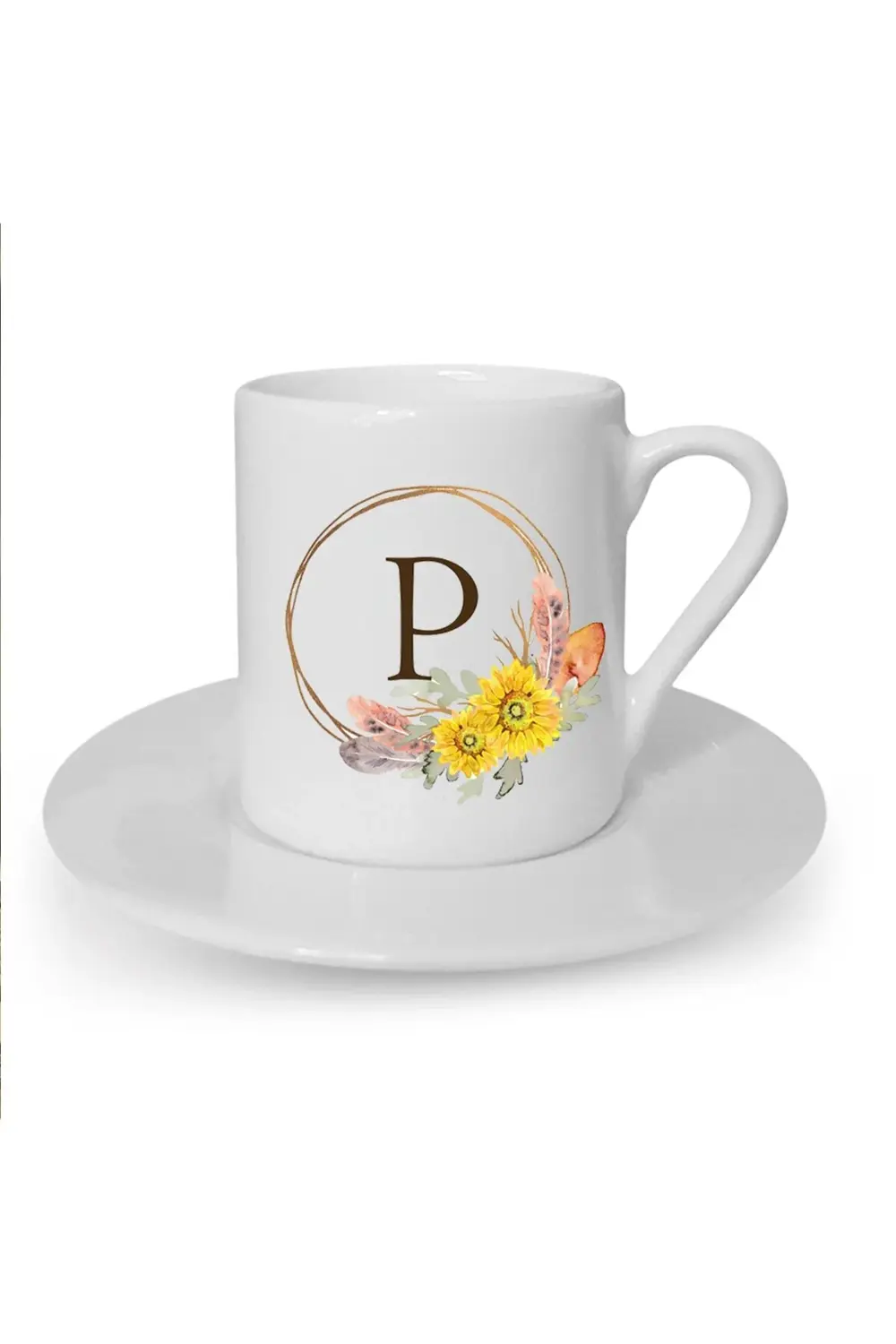 Çiçek Desenli P Harfi Baskılı Beyaz Türk Kahvesi Fincanı