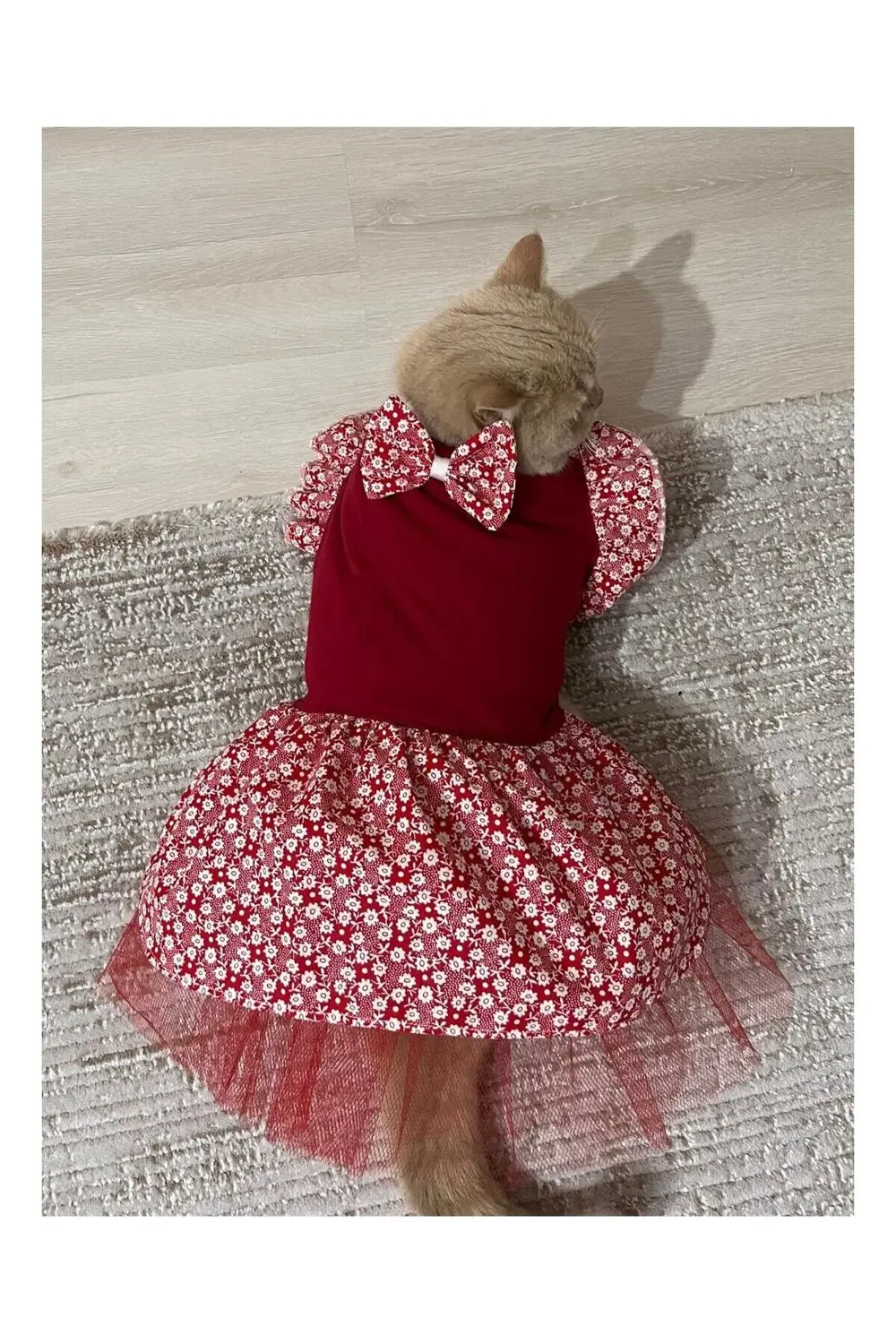 Çiçek Desenli Papyonlu Kırmızı Kedi Köpek Kıyafeti Elbisesi