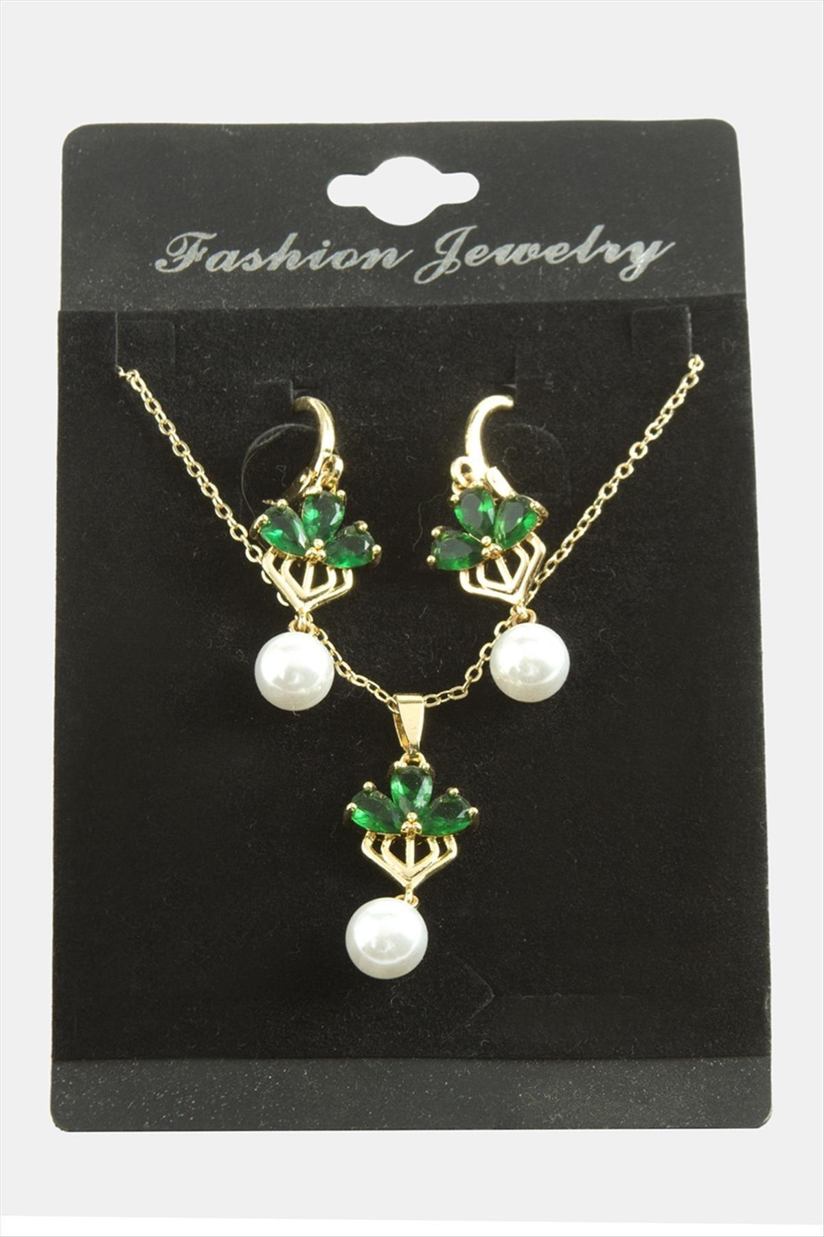 Çiçek İnci Zirkon Taşlı Set Kolye