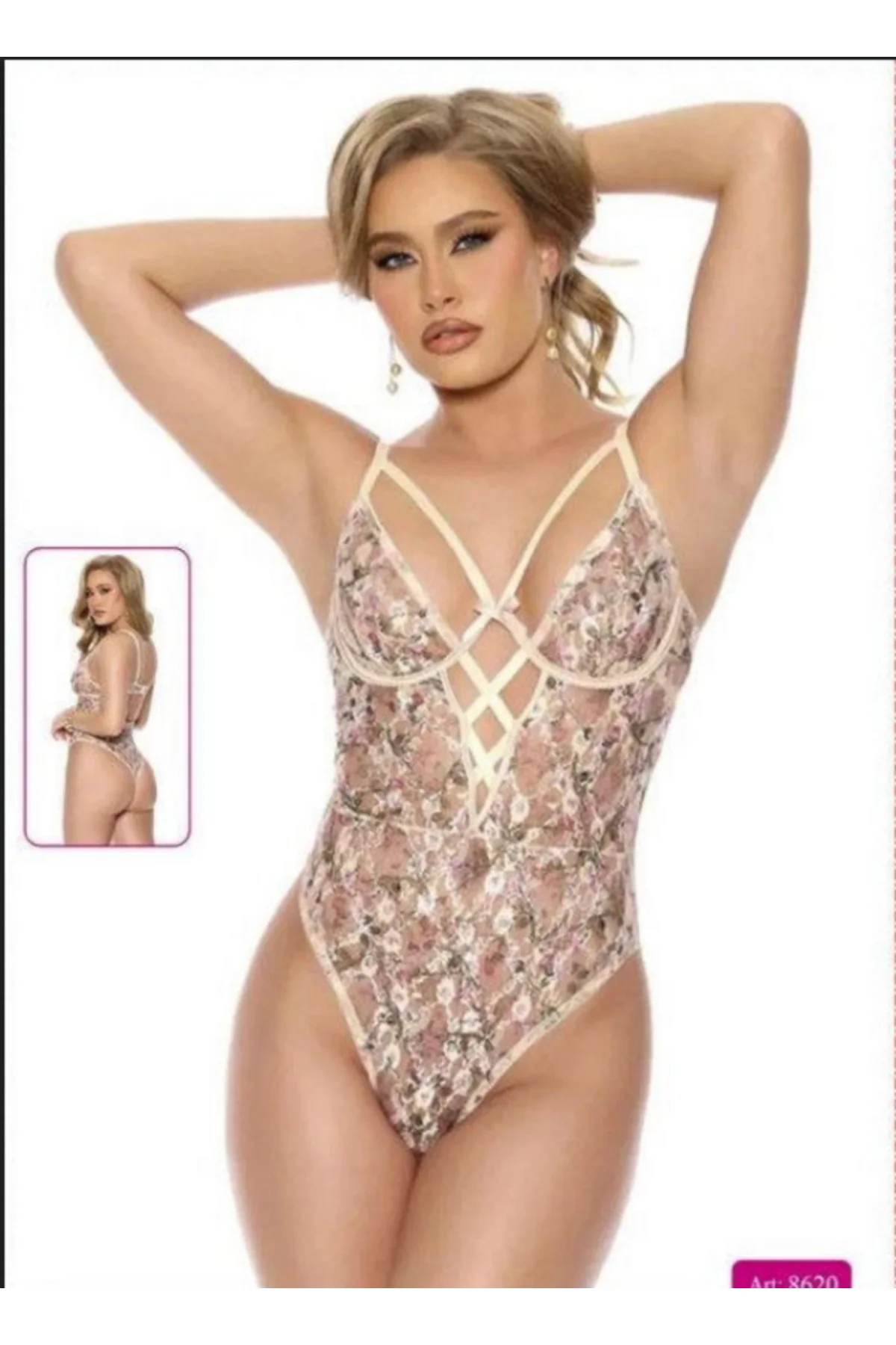 Çiçek İşlemeli Şeffaf Tül Detaylı Yüksek Kesim Fantezi Body Gecel
