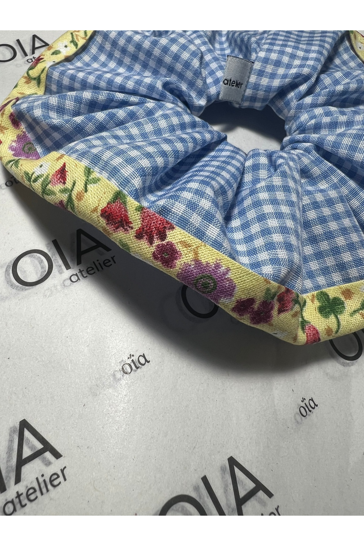 Çicek Kenarları Mini Pötikare Mavi Scrunchie Lastik Toka