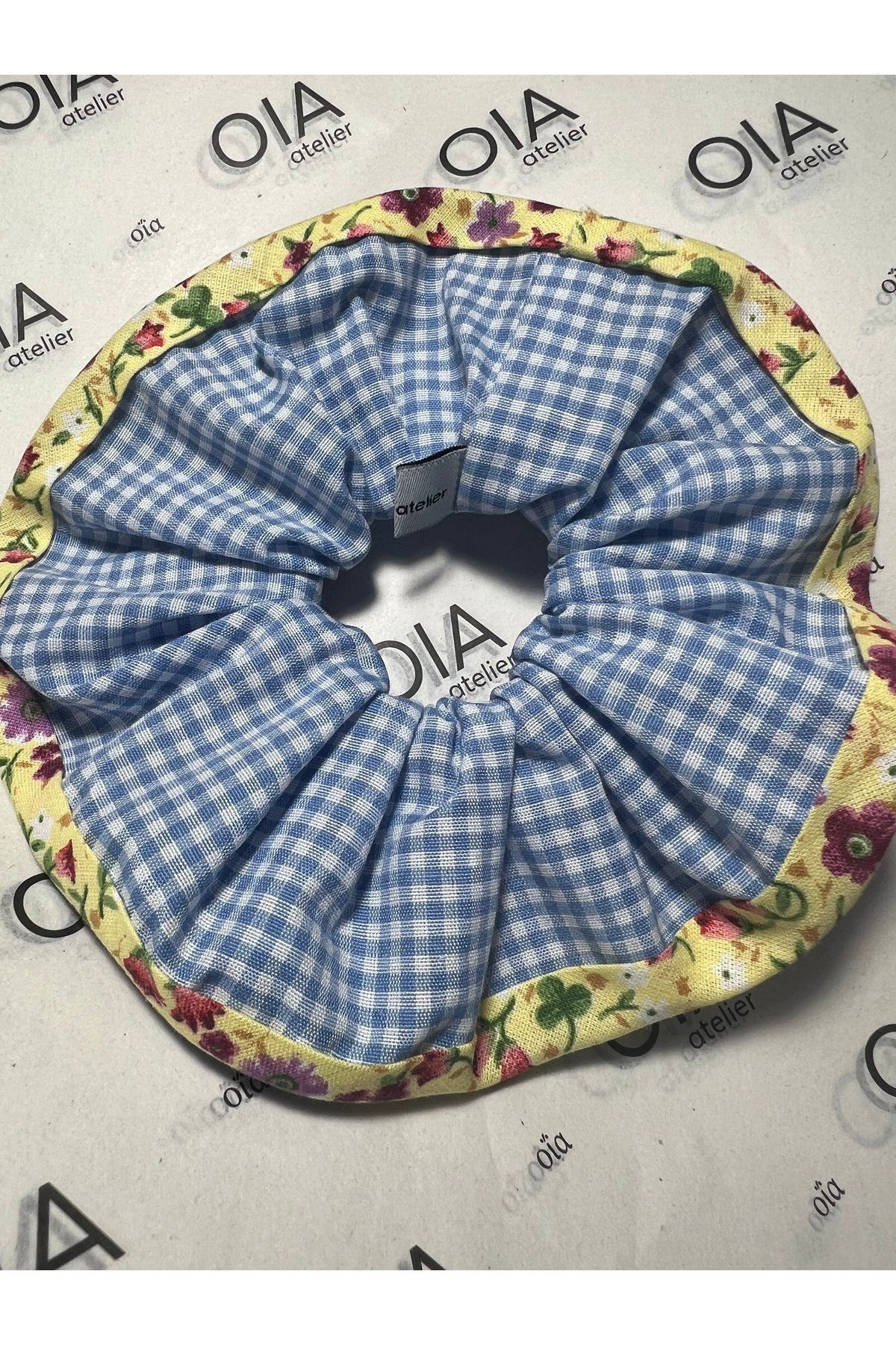 Çicek Kenarları Mini Pötikare Mavi Scrunchie Lastik Toka