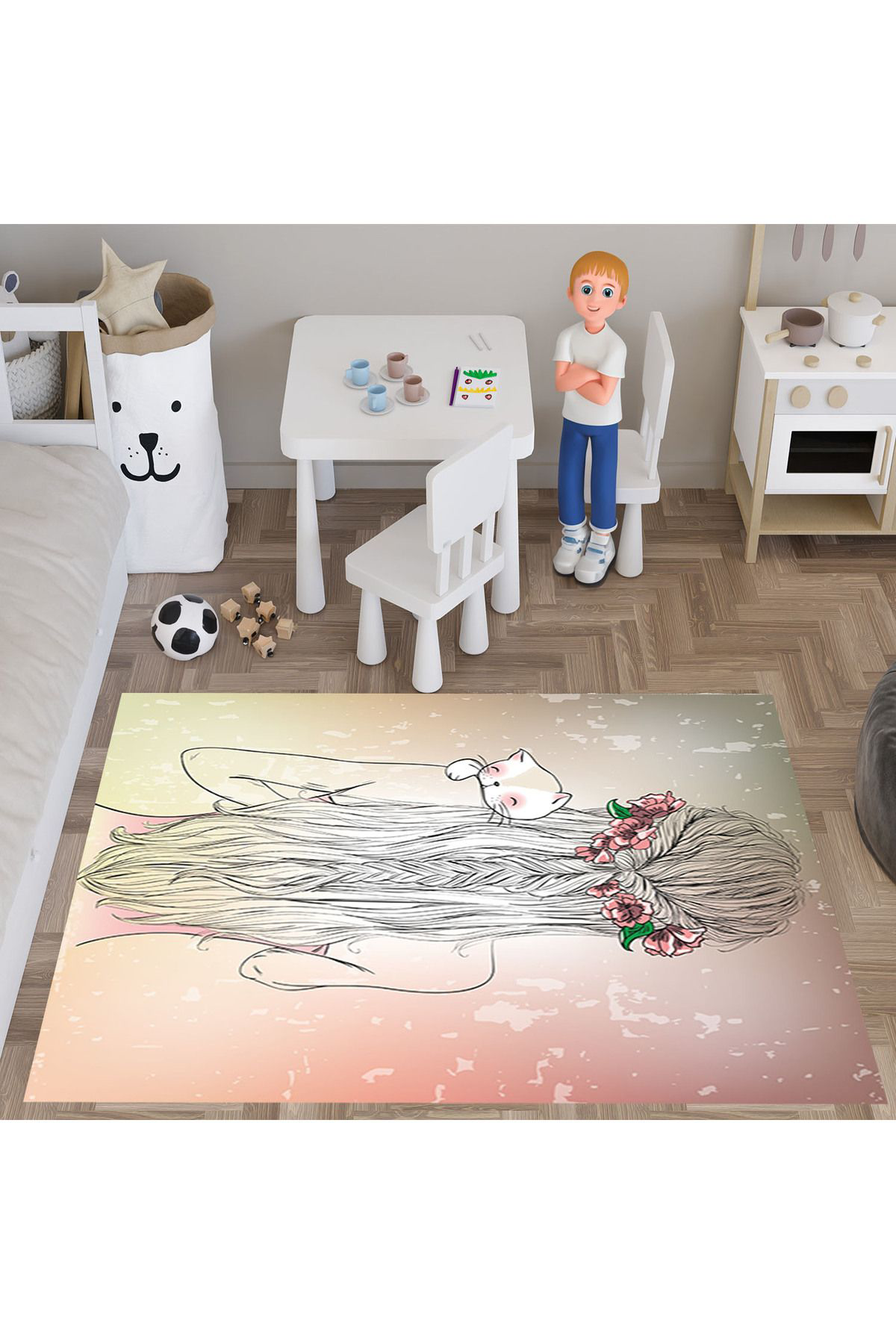 Evan Home Çiçek Taci  Desenli  Dijital Baski Yikanabilir Kaymaz Taban Çocuk Odasi Halisi