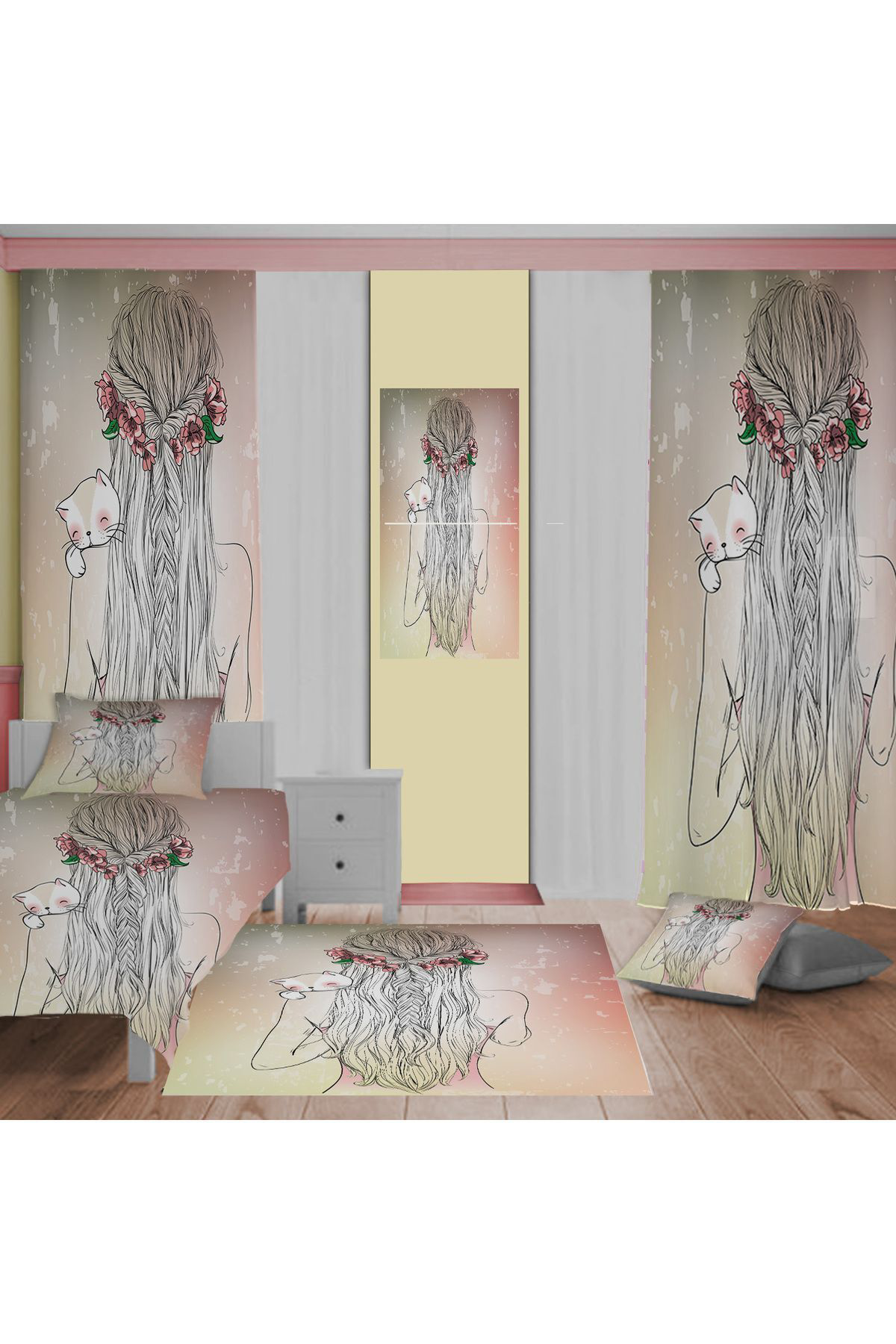 Evan Home Çiçek Taci Desenli Çocuk Odasi Takim Perde (İki Kanat),Yatak Örtüsü,Yastik,Kirlent ,Hali,Tablo