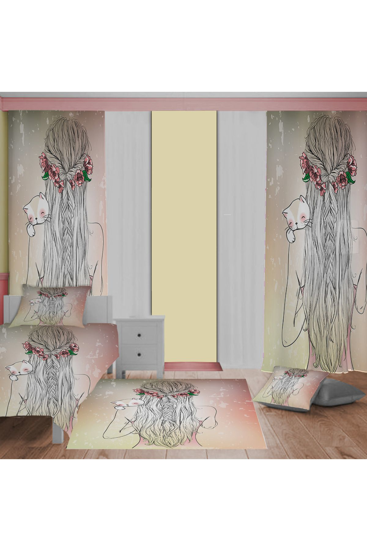 Evan Home Çiçek Tacı Desenli Çocuk Odası Takım Perde (İki Kanat),Yatak Örtüsü,Yastık,Kırlent ,Halı,