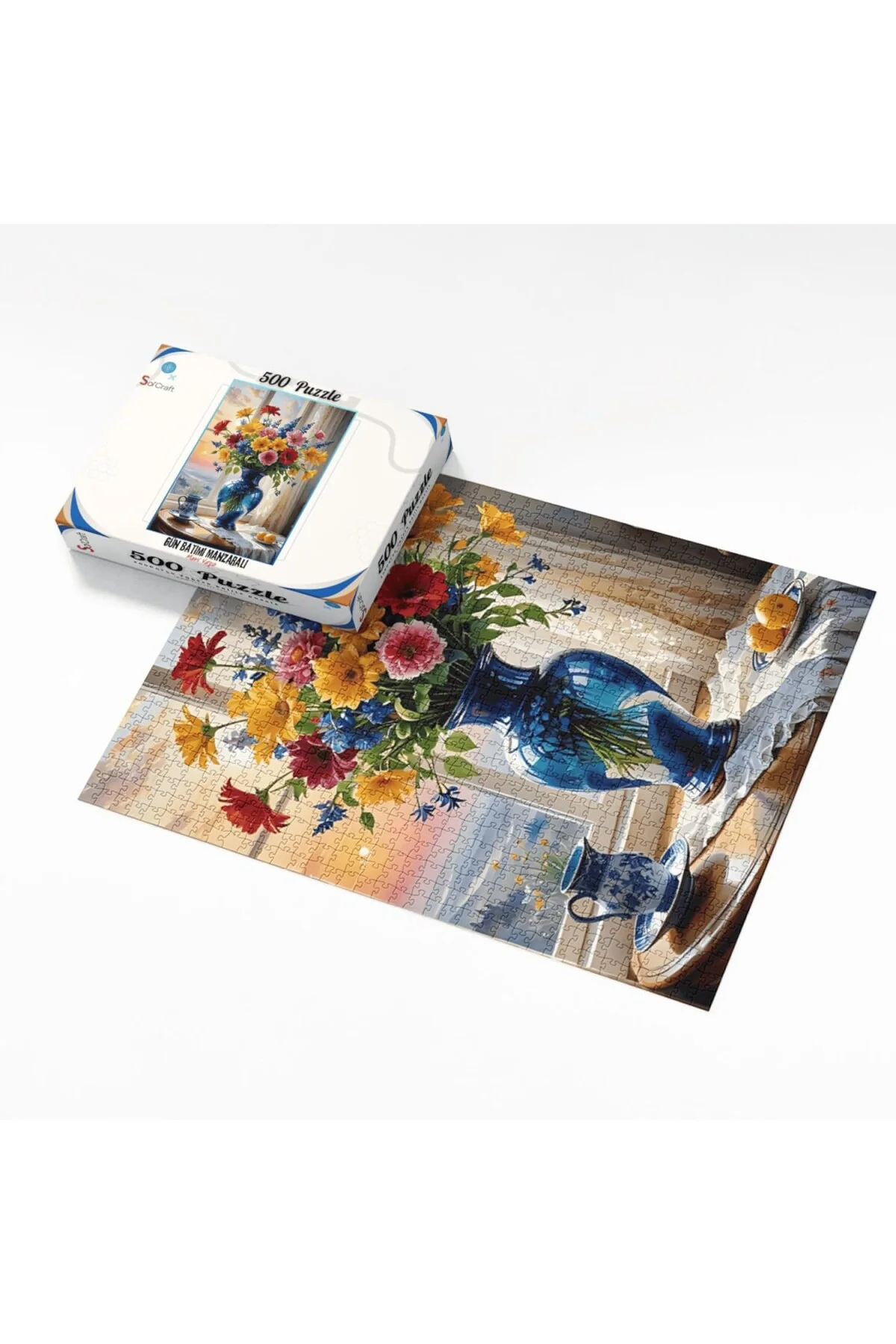 Çiçek Temalı Puzzle, 500 Parça, Mavi Vazo