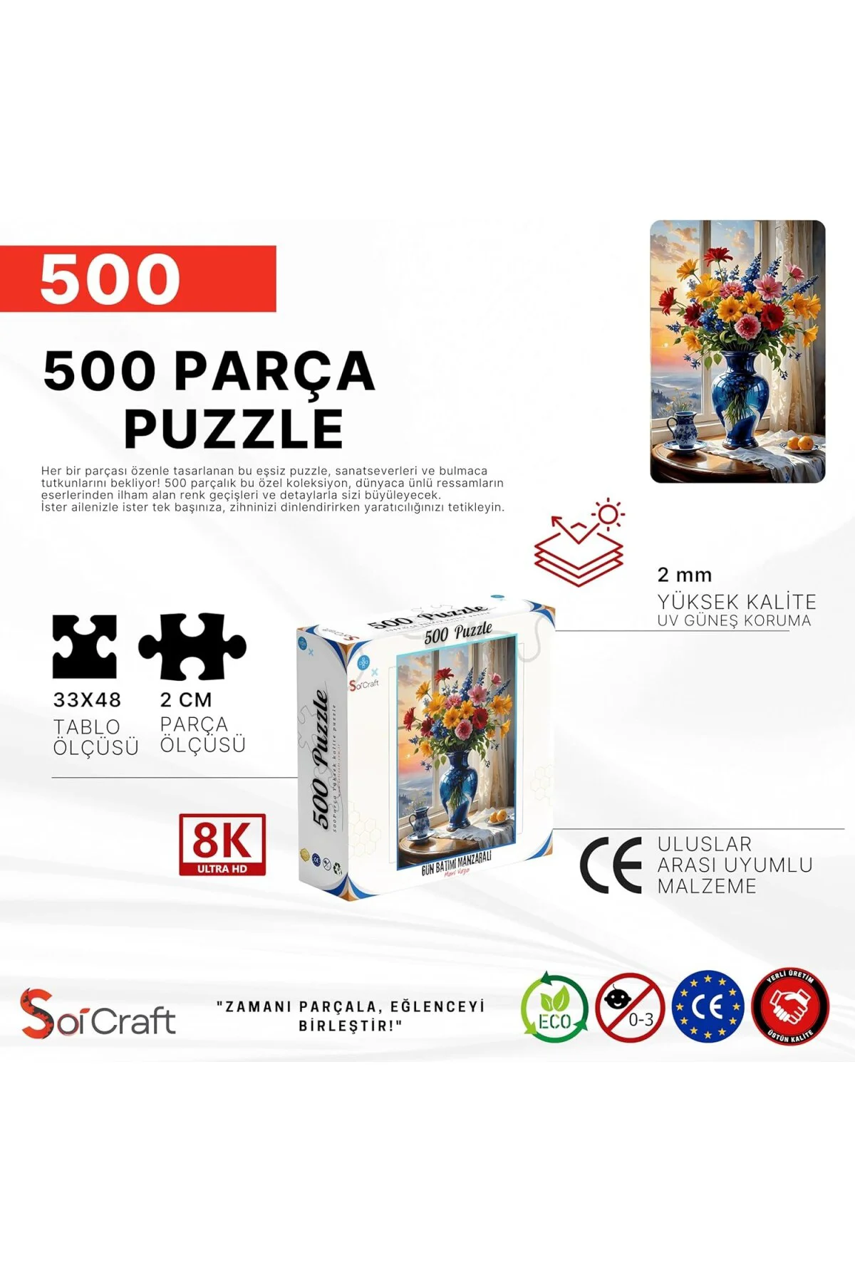 Çiçek Temalı Puzzle, 500 Parça, Mavi Vazo