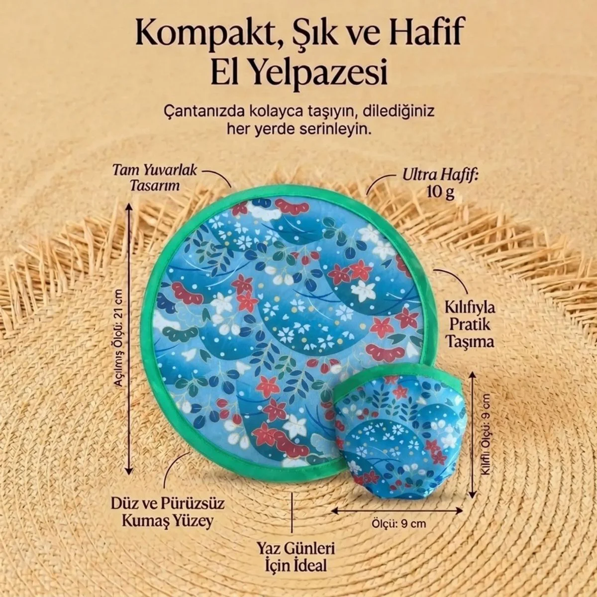 Çiçek ve Yaprak Desenli Katlanabilir Cep Yelpazesi - Kılıflı Yuvarlak Kumaş El Yelpazesi Çiçek ve Yaprak Desenli Katlanabilir Cep Yelpazesi - Kılıflı Yuvarlak Kumaş El Yelpazesi
