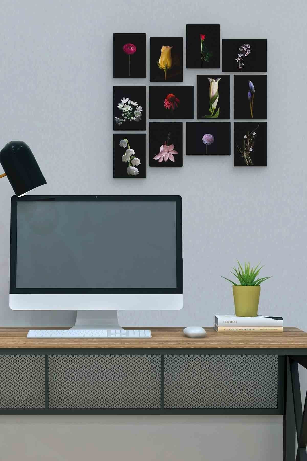Çiçekler 12 Parça Mdf (ahşap) Tablo Ofis Boyu 