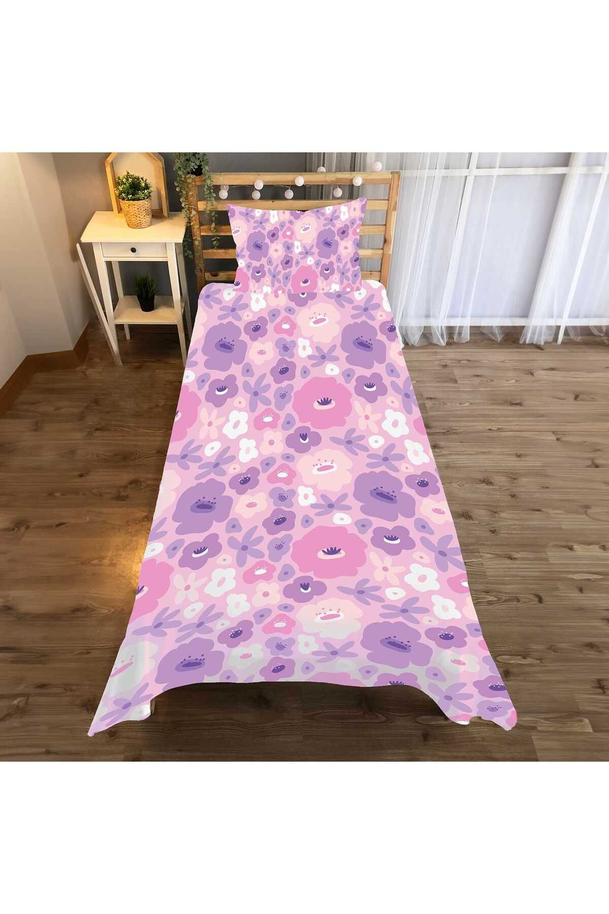 Evan Home Çiçekler Desen Çocuk Odası Takım Perde (İki Kanat),Yatak Örtüsü,Yastık,Kırlent ,Halı,