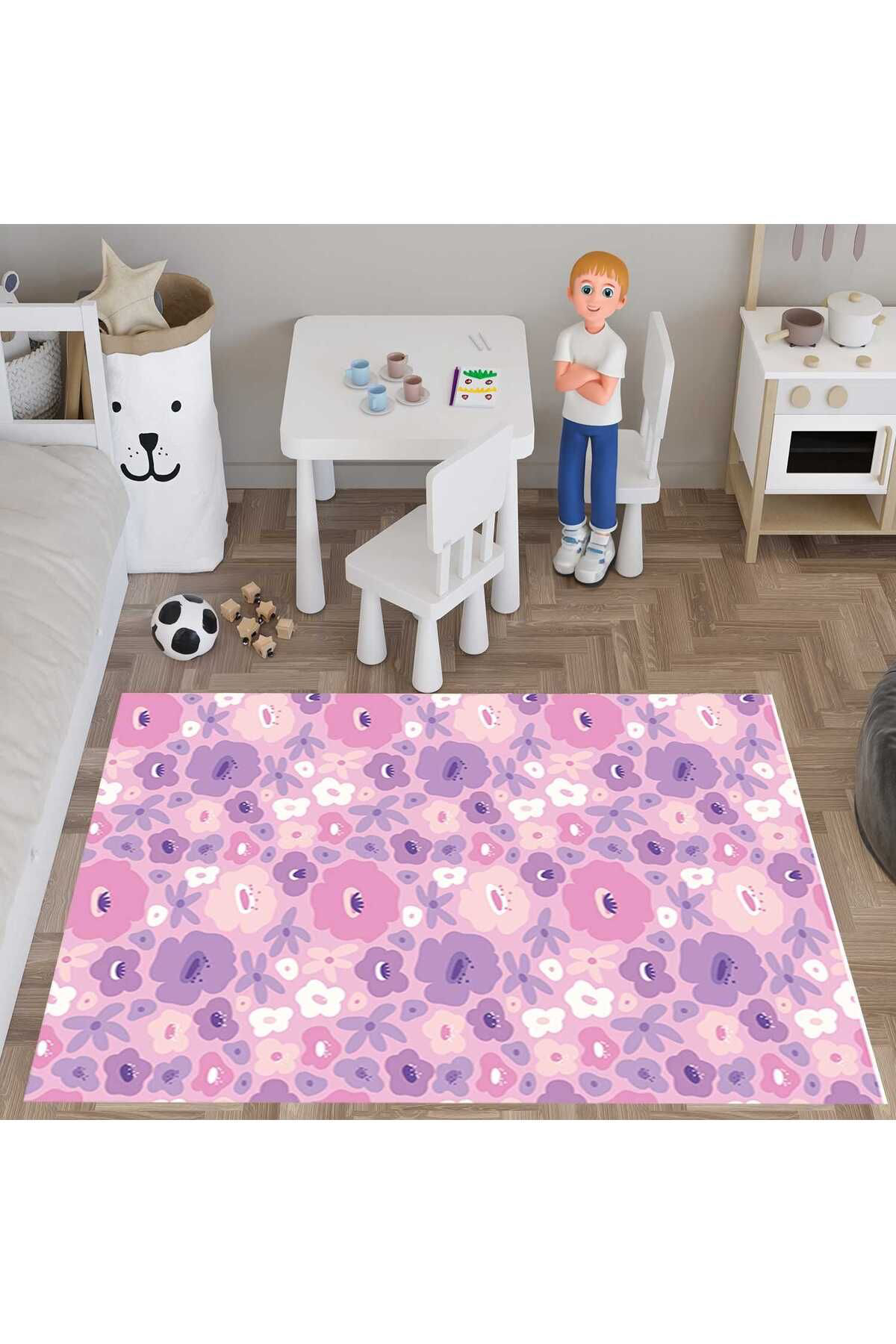 Evan Home Çiçekler Desen Çocuk Odası Takım Perde (İki Kanat),Yatak Örtüsü,Yastık,Kırlent ,Halı,