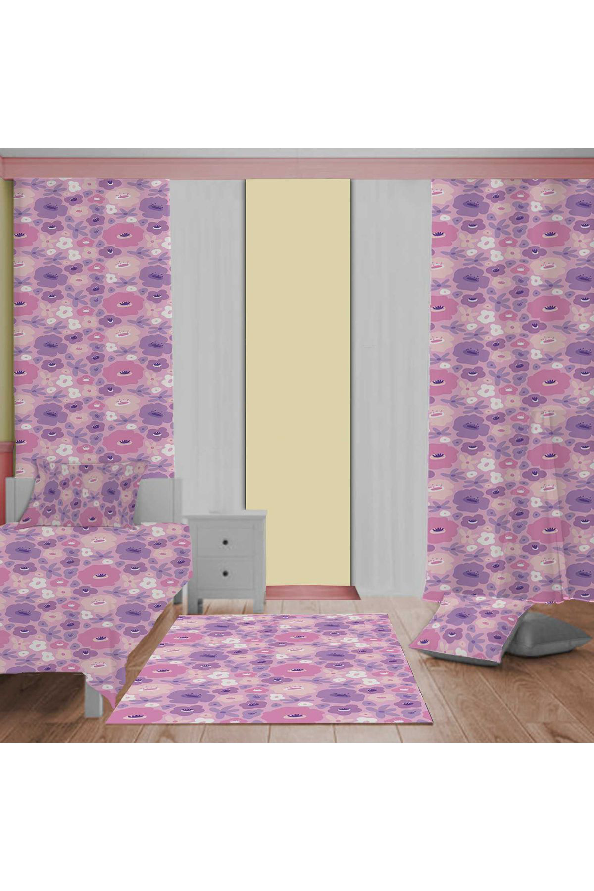 Evan Home Çiçekler Desen Çocuk Odası Takım Perde (İki Kanat),Yatak Örtüsü,Yastık,Kırlent ,Halı,