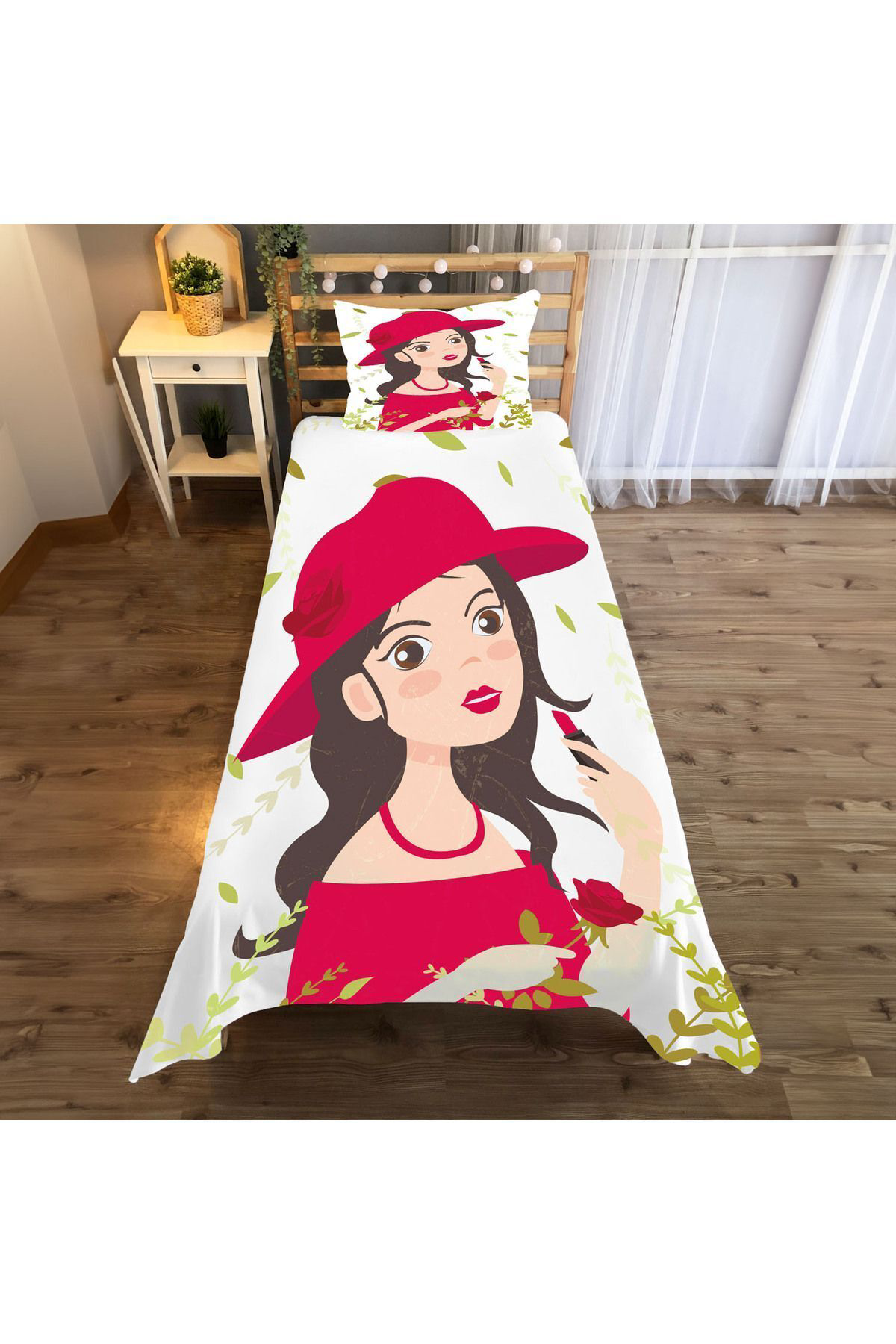 Evan Home Çiçekler Sembolü Desenli Çocuk Odasi Takim Perde (İki Kanat),Yatak Örtüsü,Yastik,Kirlent ,Hali,Tablo