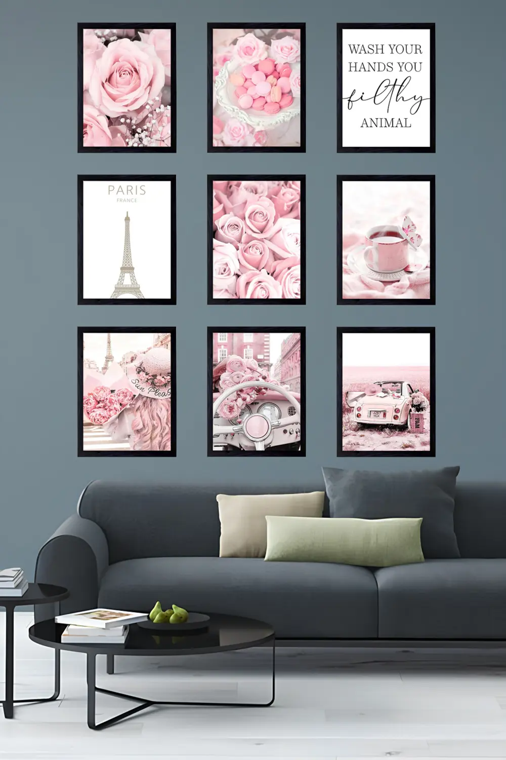 Çiçekler ve Eiffel Kulesi 9' Parça Çerçeve Görünümlü Modern MDF T