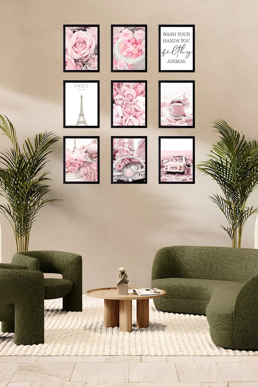 Çiçekler ve Eiffel Kulesi 9' Parça Çerçeve Görünümlü Modern MDF T