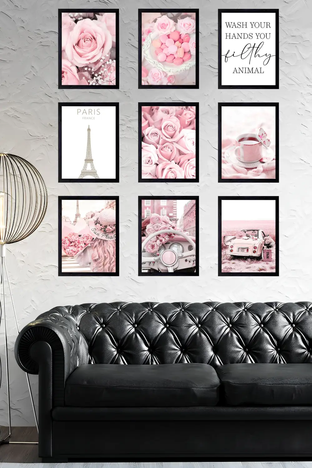 Çiçekler ve Eiffel Kulesi 9' Parça Çerçeve Görünümlü Modern MDF T