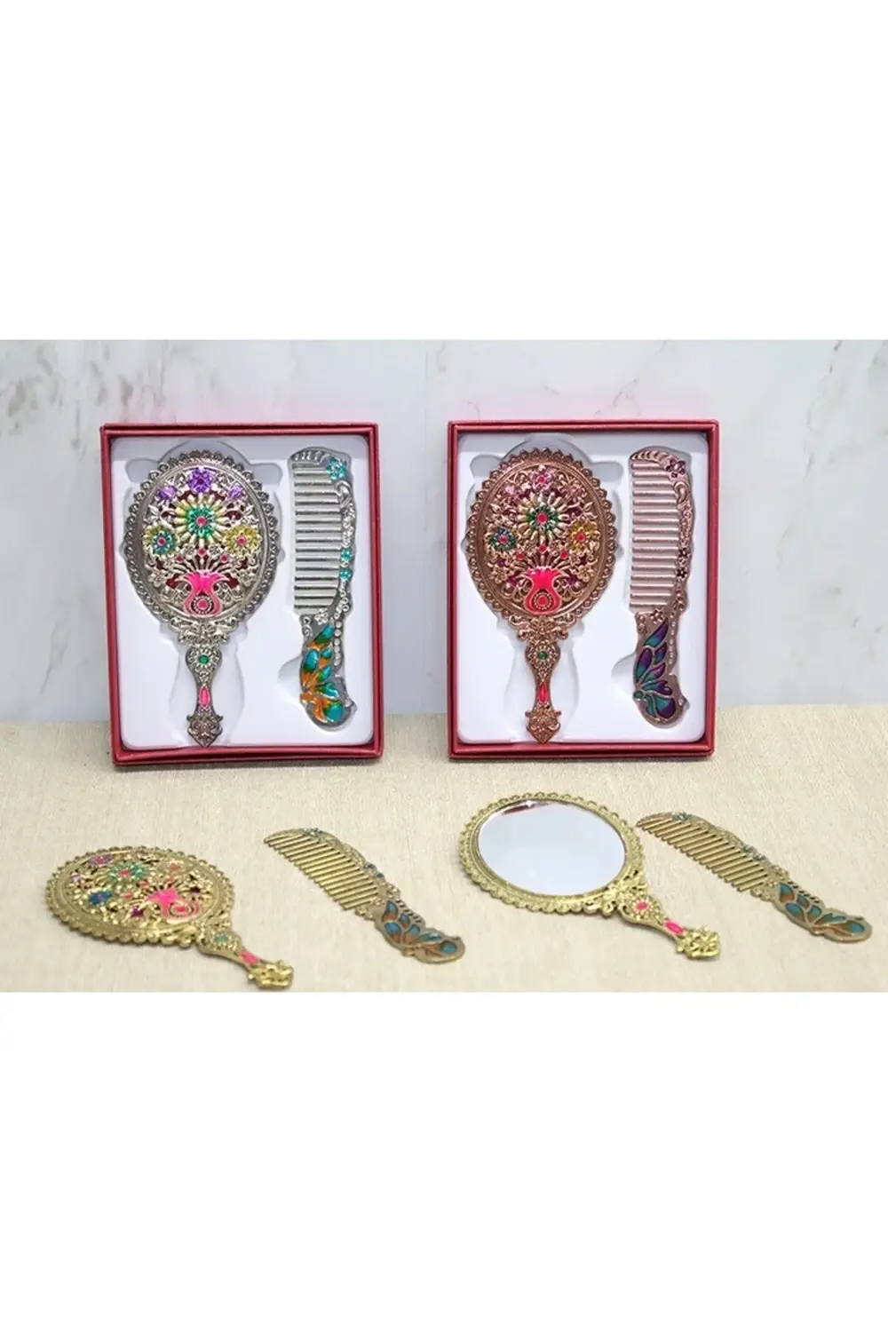 Çiçekli Ayna Ve Tarak Seti Küçük Boy Alk4991