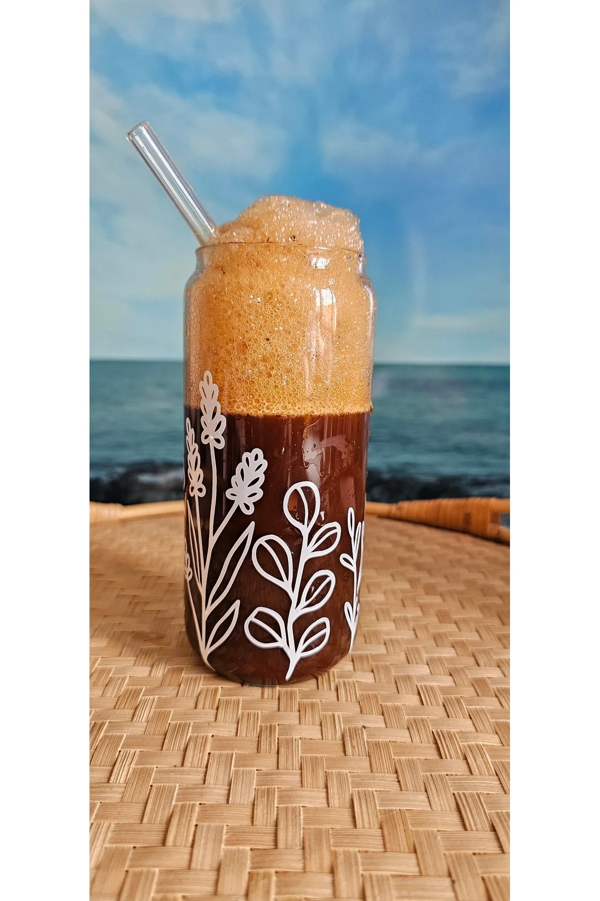 Çiçekli, bambu kapaklı, cam pipetli, cam bardak, 400ml