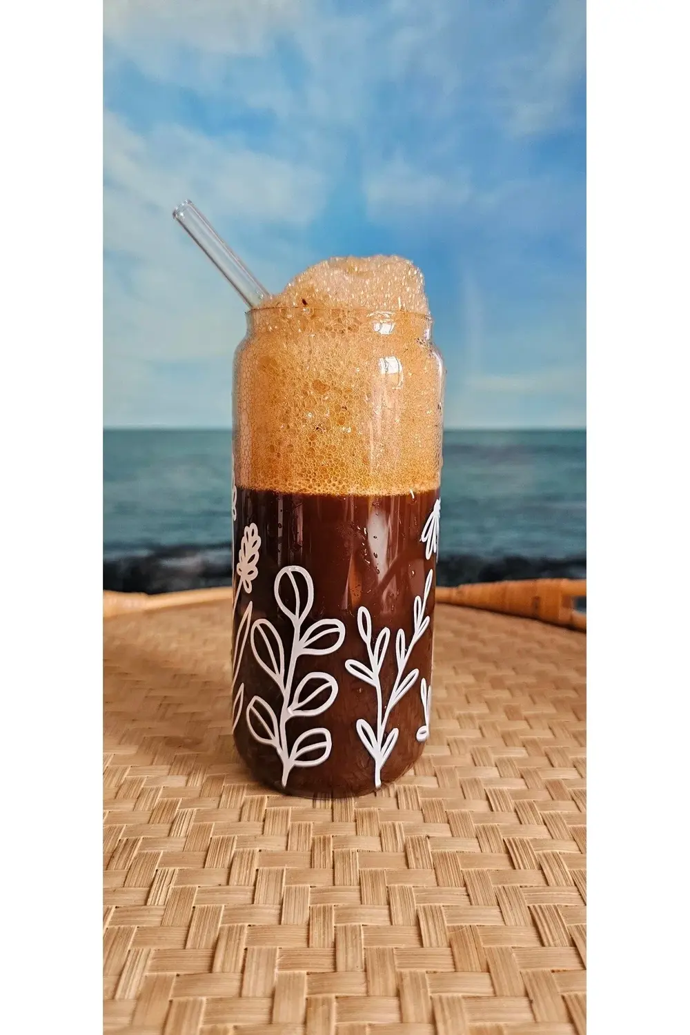 Çiçekli, bambu kapaklı, cam pipetli, cam bardak, 400ml