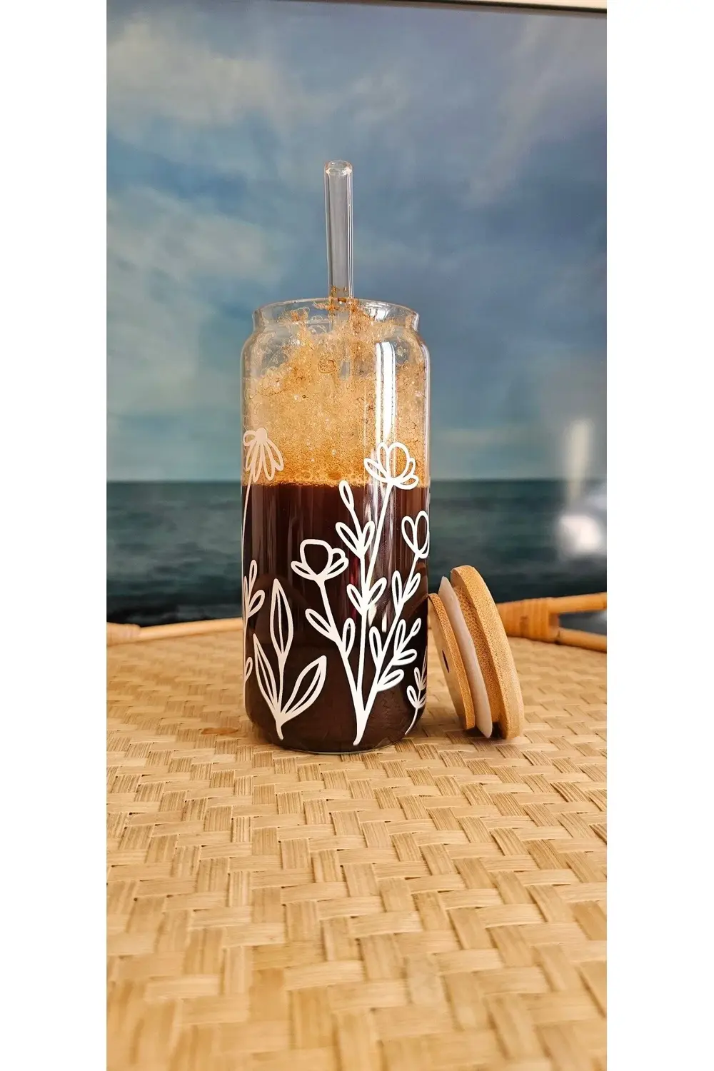 Çiçekli, bambu kapaklı, cam pipetli, cam bardak, 400ml