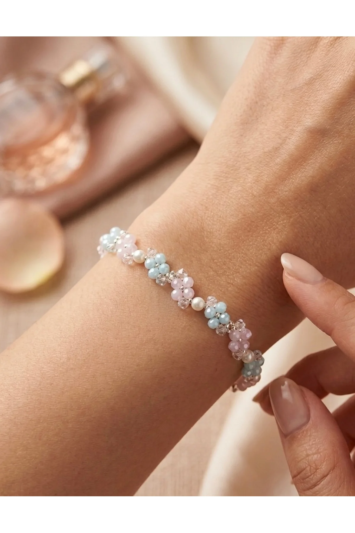Çiçekli Kristal Boncuk Bileklik - İncili Mavi Pembe Kadın Takı