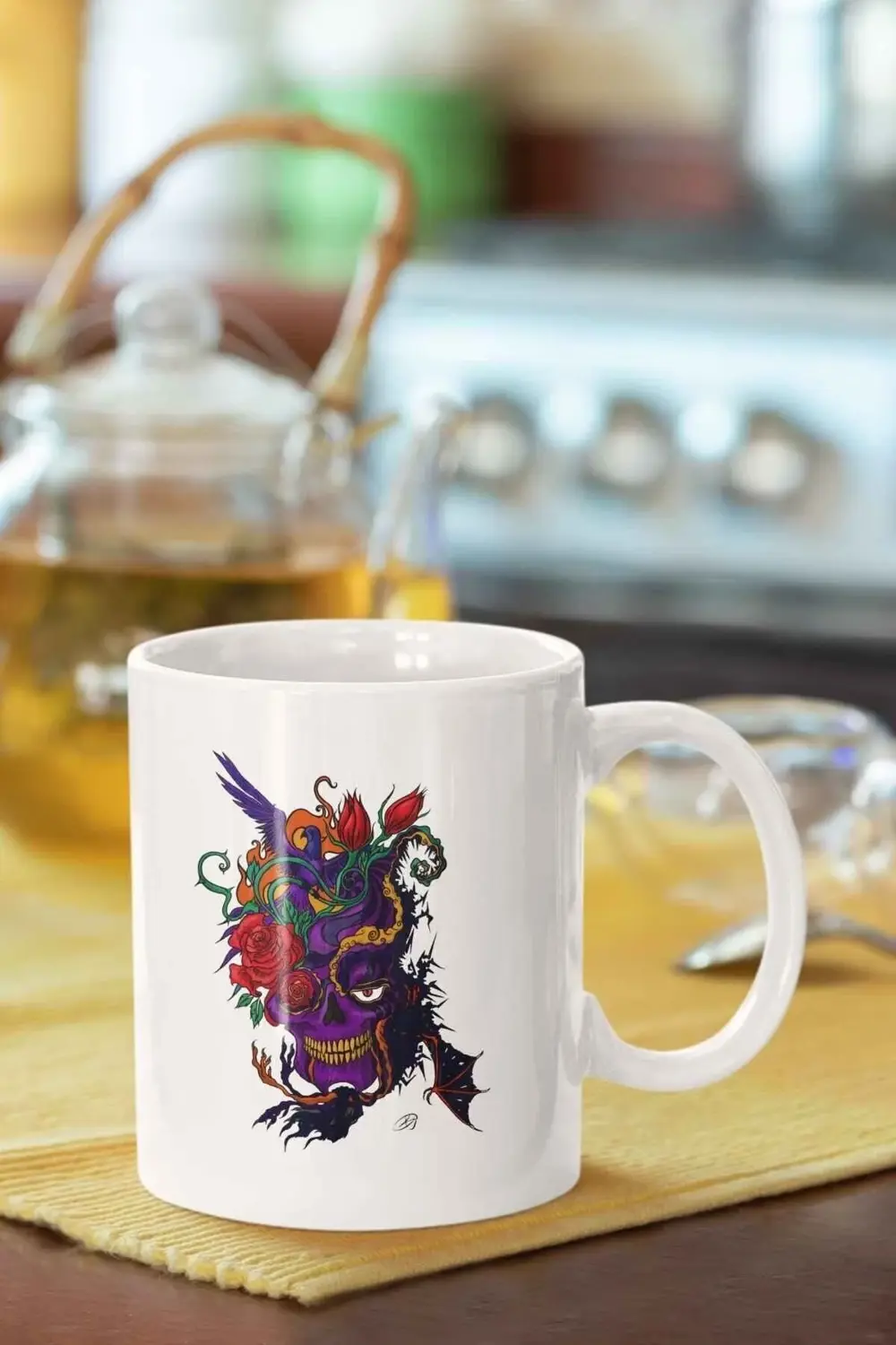 Çiçekli Kuru Kafa Baskılı Porselen Kupa Bardak