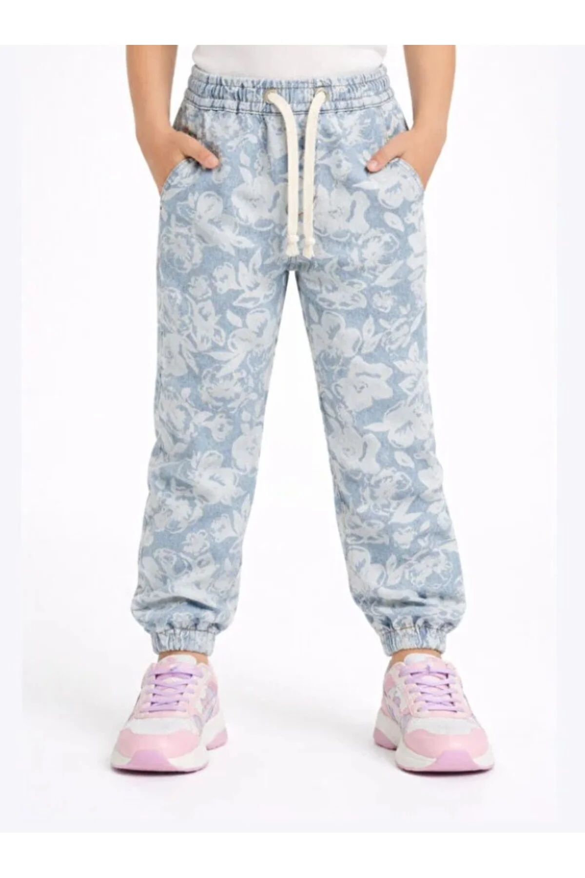 Çiçekli Stone Wash Kız Çocuk Jogger Pantolon